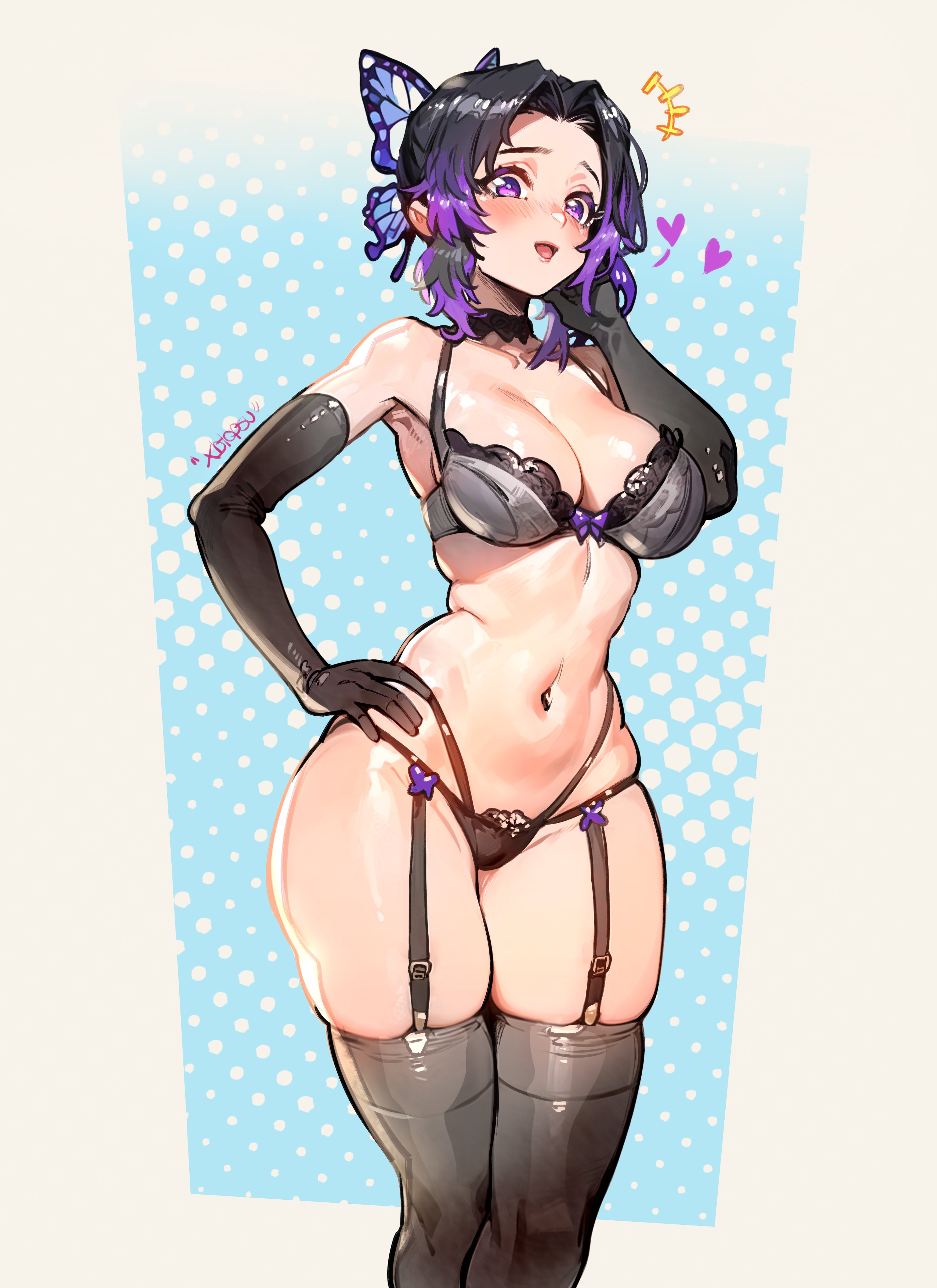 1girls, armpits, ass visible through thighs, bare belly, bare shoulders, belly button, big breasts, black bra, black gloves, black panties, black stockings, black thighhighs, blush, bra, breasts, butterfly hair ornament, choker, cleavage, collarbone, demon slayer, elbow gloves, female, female only, garter belt, garter straps, gloves, hand on own hip, kimetsu no yaiba, kochou shinobu, lace-trimmed bra, lingerie, open mouth, purple eyes, purple hair, purple-haired female, short hair, solo, stockings, string panties, thighhighs, thighs, topsu, underwear