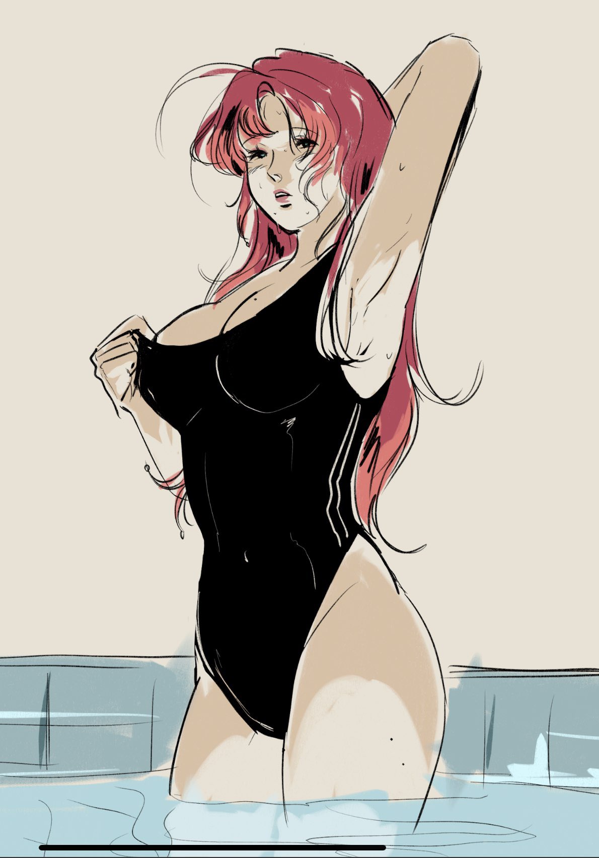 armpits black_swimsuit cleavage devilkokonatsu large_breasts long_hair oc one-piece_swimsuit original original_character pink_hair pool retro_artstyle swimsuit wet