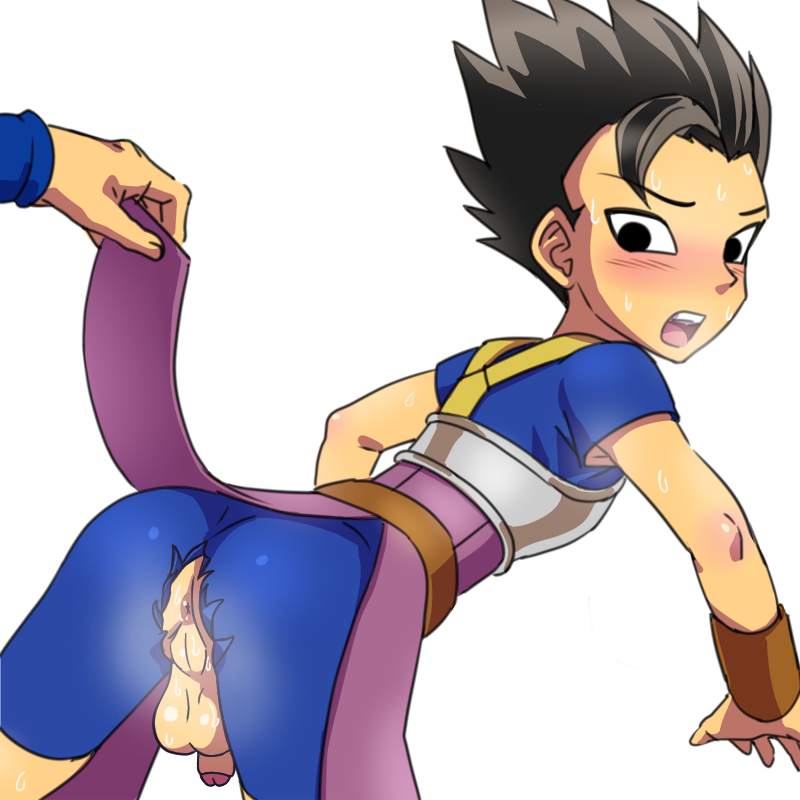 anus ass cabba dragon_ball dragon_ball_super edit edited embarrassed flaccid flaccid_penis lifting_skirt looking_back musk surprised sweat taint testicles yaoi