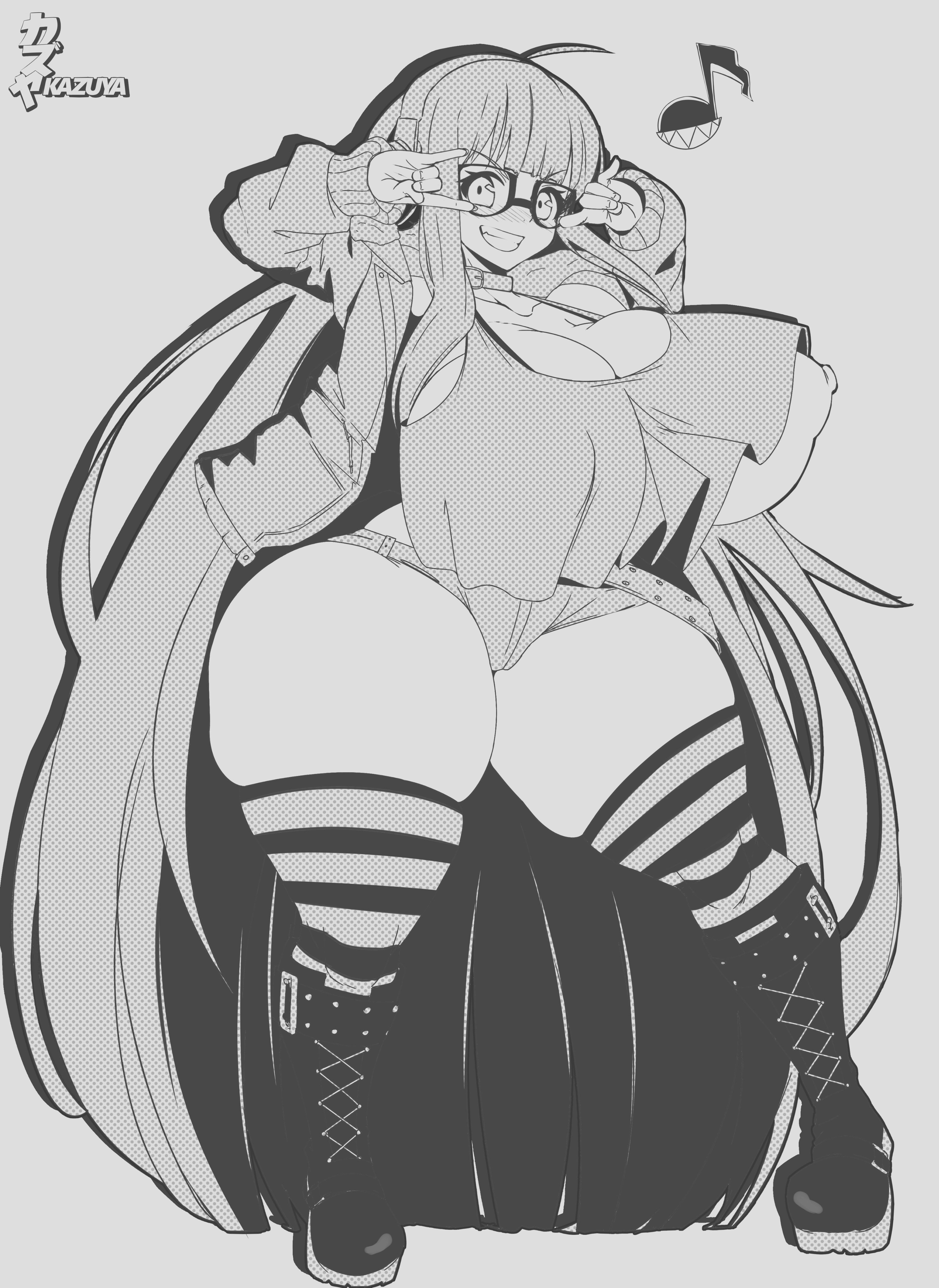 1girls, 2d, alternate breast size, big breasts, breasts, breasts bigger than head, female, gigantic breasts, glasses, huge breasts, kazuya zoey, long hair, looking at viewer, nipple slip, persona, persona 5, sakura futaba, smile, solo, thick thighs, thighhighs, thighs, thunder thighs