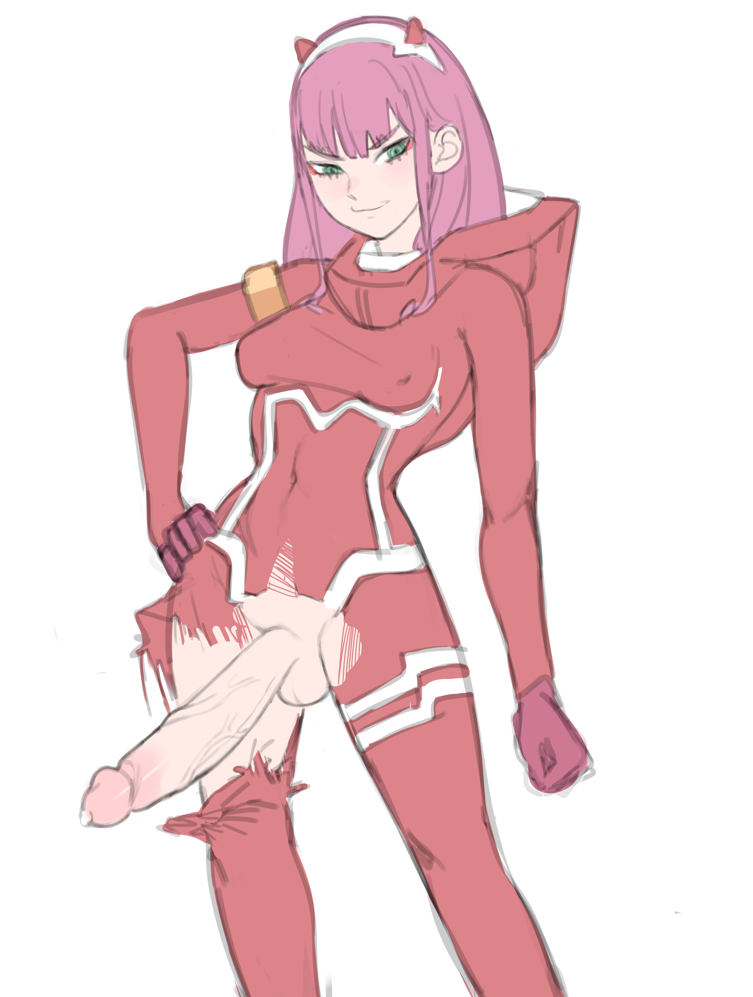 1futa, balls, bangs, big breasts, big penis, bodysuit, breasts, clothed, clothing, darling in the franxx, erection, futa only, futanari, gwensoftpinktoes, human, intersex, light skin, light-skinned futa, long hair, mostly clothed, penis, solo, standing, torn clothes, zero two (darling in the franxx)