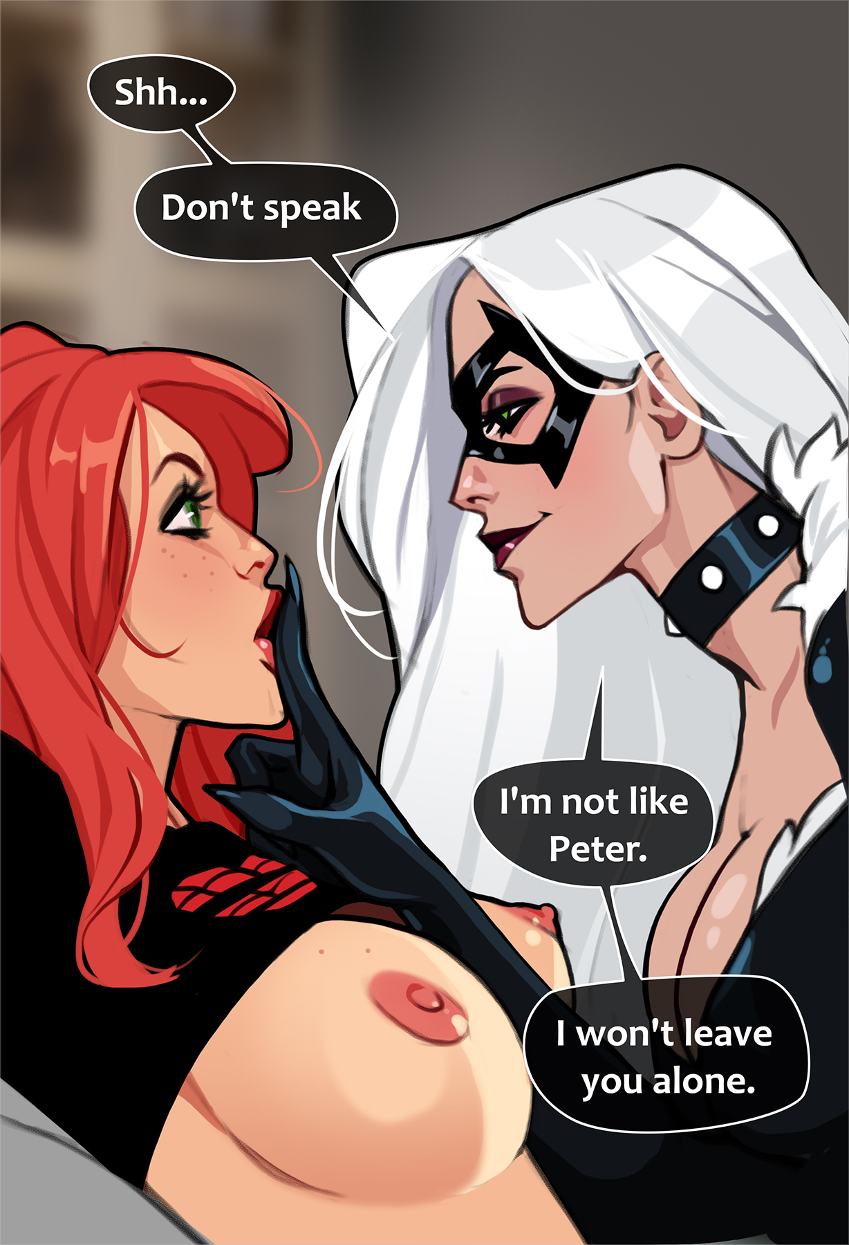 2girls, 5 fingers, areolae, big breasts, black cat (marvel), breasts, breasts out, busty, cleavage, cute, cute face, dialogue, digital media (artwork), english text, felicia hardy, female, female only, finger to mouth, fingers, fit, fit female, freckles, freckles on face, green eyes, hourglass figure, huge breasts, human, human only, large breasts, light skin, light-skinned female, lips, long hair, marvel, marvel comics, mary jane watson, minko, multiple females, multiple girls, nipples, olena minko, platinum blonde hair, red hair, red nails, seductive, silver hair, speech bubble, spider-man (series), spiked collar, superheroine, text, upper body, white hair, yuri