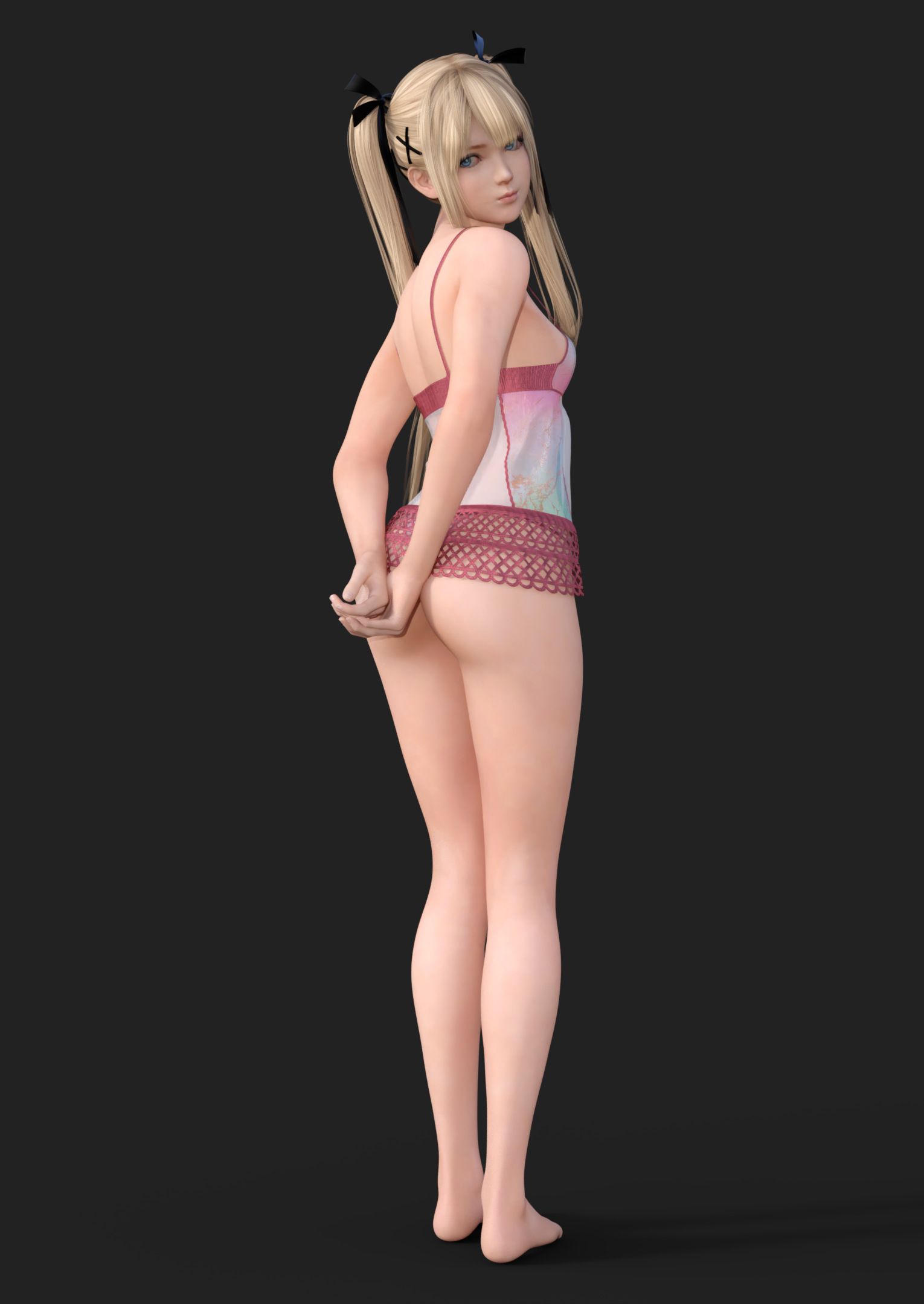 1girls, 3d, 3d (artwork), arms behind back, ass, blonde female, blonde hair, blue eyes, clothed, clothing, dead or alive, dead or alive 5, eyeshadow, female, female only, hair ribbon, lingerie, long hair, looking back, looking over shoulder, makeup, marie rose, nightgown, panties, see-through clothing, solo, standing, sugamunda, translucent clothing, transparent clothing, twintails