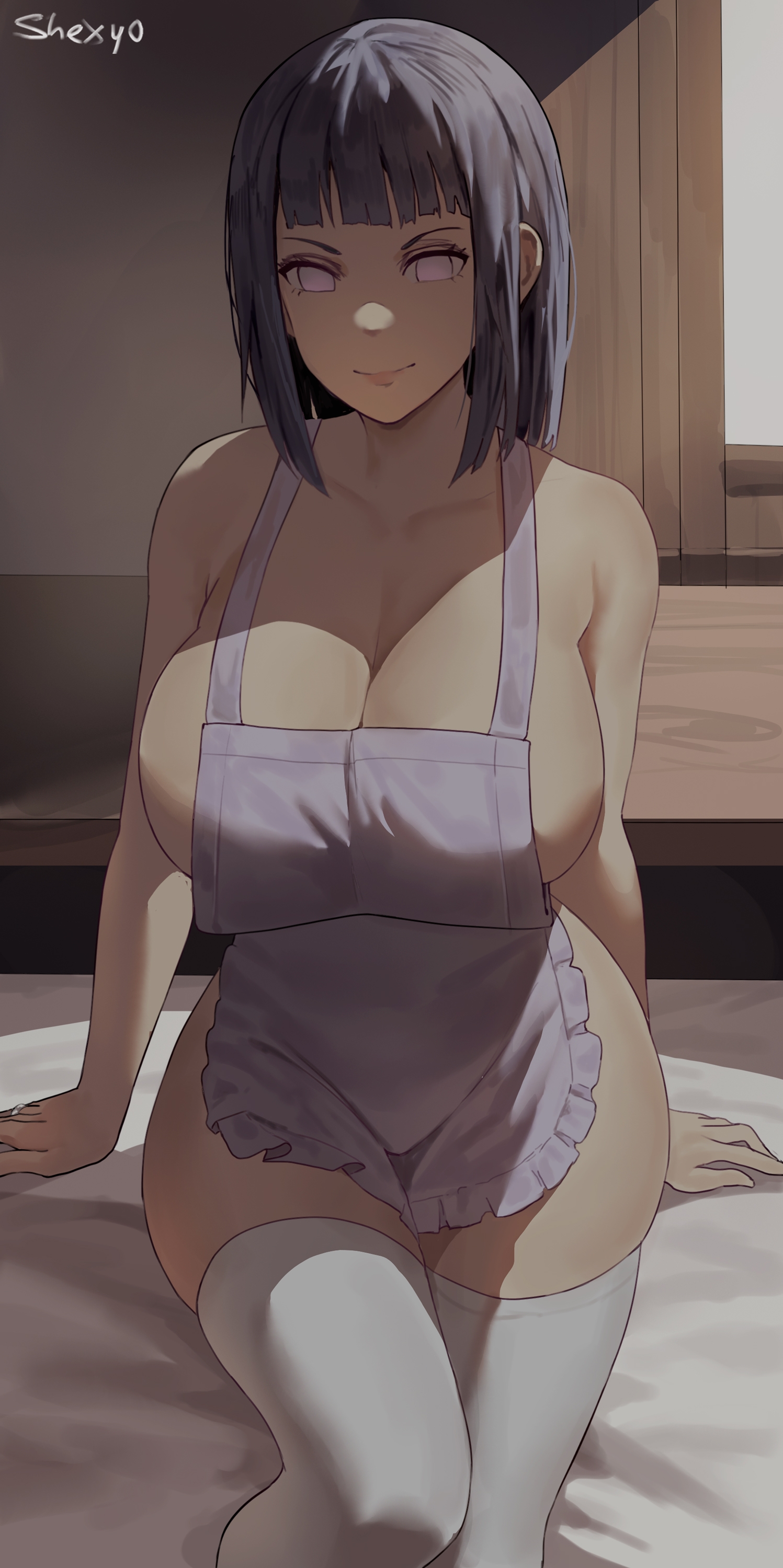 1girls, artist signature, black hair, black-haired female, boruto: naruto next generations, breasts, female, hi res, hips, huge breasts, hyuuga hinata, lavender eyes, light skin, light-skinned female, looking at viewer, mature female, milf, mother, naked apron, naruto, naruto (series), shexyo, short hair, smile, thick thighs, thighhighs, thighs, uzumaki hinata, wide hips