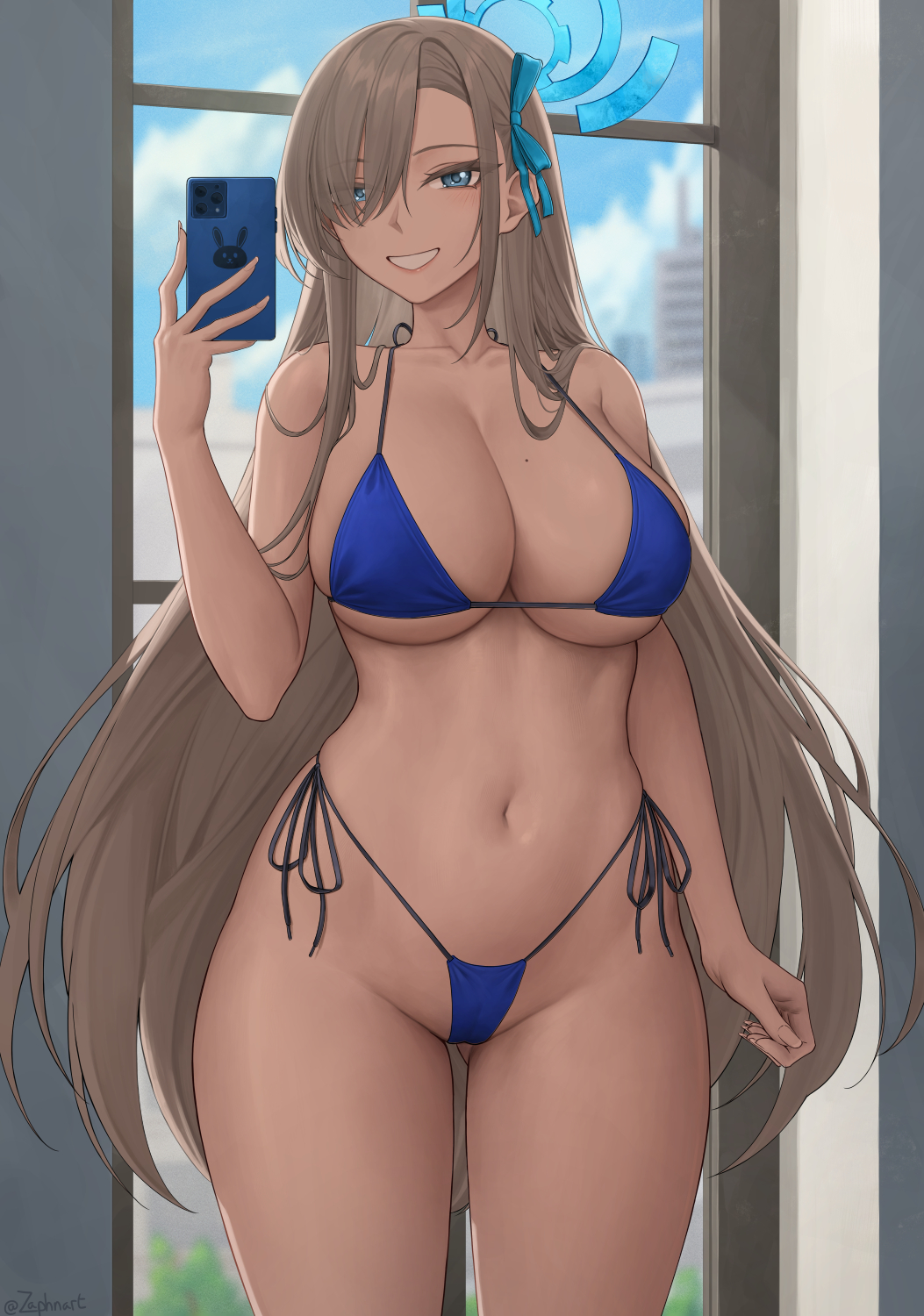 1girls, asuna (blue archive), bikini, blonde hair, blue archive, blue bikini, blue eyes, breasts, female, grin, hair over one eye, hips, holding object, huge breasts, light skin, light-skinned female, long hair, millennium science school student, pale skin, pale-skinned female, phone, selfie, side tie bikini, smile, solo, solo female, thick thighs, thighs, wide hips, zaphn