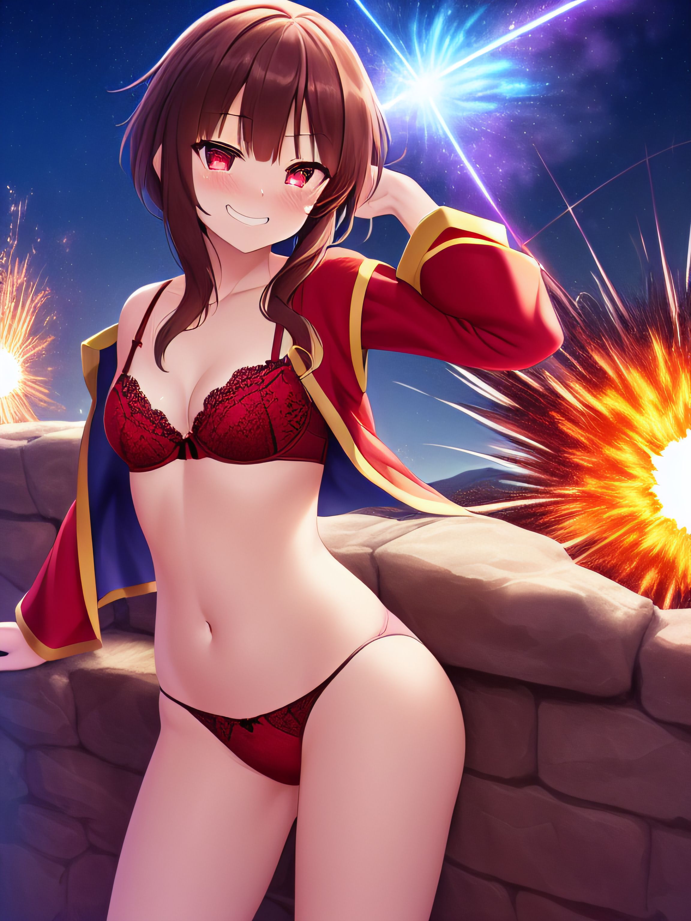 1girls, ai generated, bra, breasts, brown hair, cape, explosion, female, kono subarashii sekai ni shukufuku wo!, leaning against wall, looking at viewer, megumin, nai diffusion, night, outdoors, panties, red bra, red eyes, red panties, small breasts, smile, smooth skin, smug, smug face, solo, stable diffusion, standing, thighs, underwear