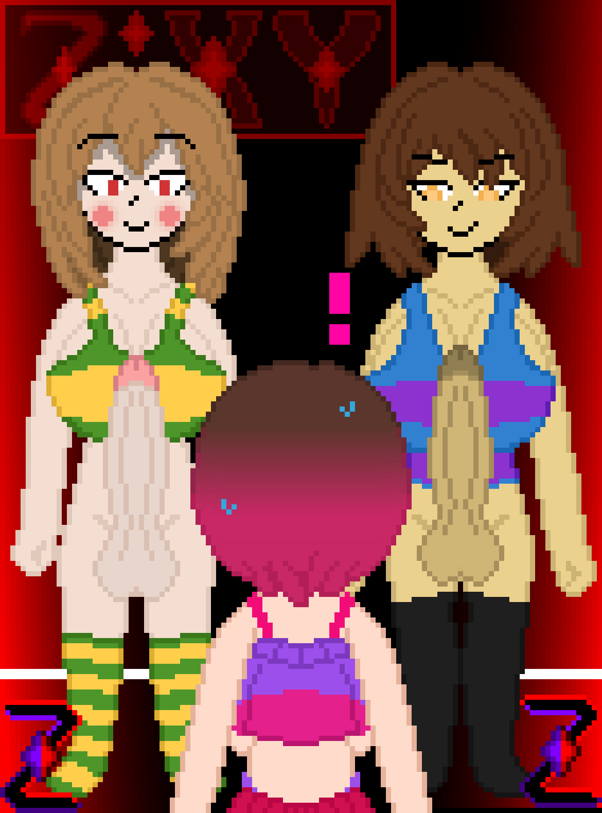 1girls 2022 2futas balls bete_noire big_breasts big_penis bottomless brown_hair chara clothed clothing duo erection female futa_on_female futanari glitchtale human light-skinned_female light-skinned_futanari light_skin long_hair partially_clothed penis pixel_art standing undertale undertale_(series) undertale_au undertale_fanfiction zixy