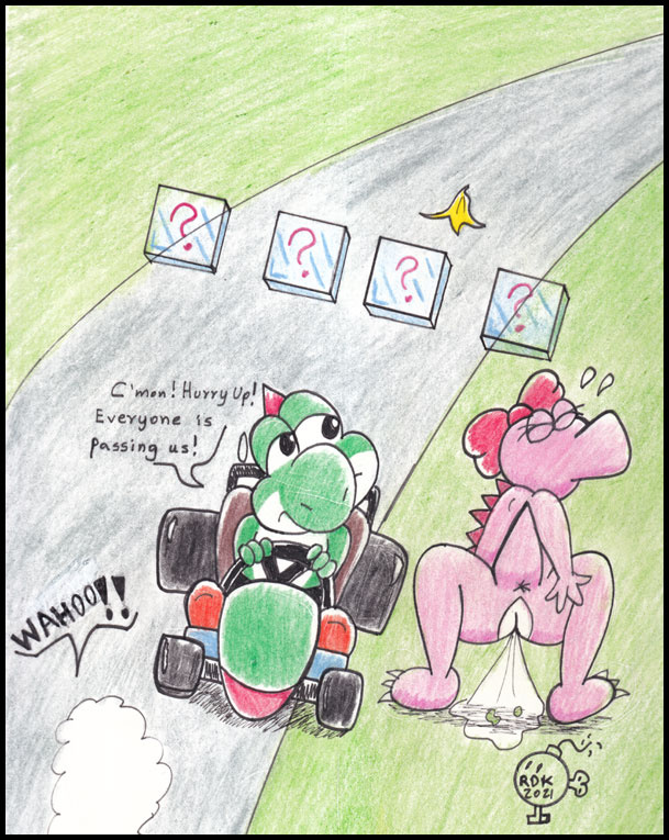 2021 biped birdetta birdo bodily_fluids bow_accessory dialogue dinosaur duo english_text female feral genital_fluids item_box kart male mario_(series) mario_kart nintendo nude peeing reddragonkan reptile road scalie text traditional_media_(artwork) urine vehicle video_games watersports yoshi yoshi_(character)