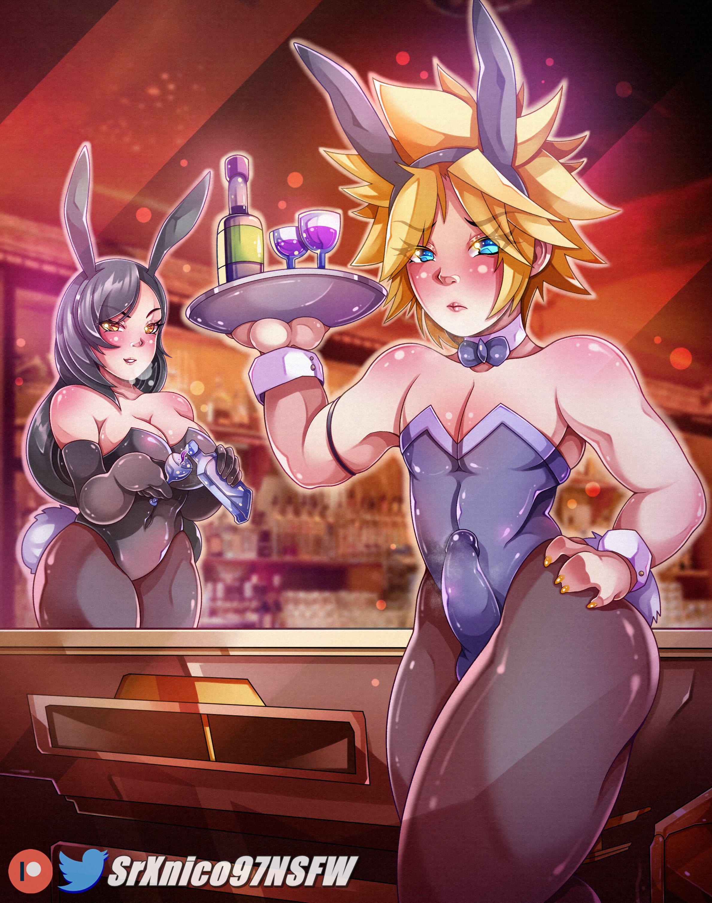 1boy, alcohol, alternate costume, bar, black hair, blonde hair, blue eyes, blush, bottle, bowtie, bowtie collar, breasts, brown eyes, bulge, bulge through clothing, bunny boy, bunny costume, bunny ears, bunny girl, bunny tail, bunnysuit, cleavage, cloud, cloud strife, club, commission, crossdressing, crossdressing male, erect penis, erection, female, femboy, feminine male, feminization, final fantasy, final fantasy vii, girly, glasses, gloves, holding object, long hair, looking at viewer, male, nail polish, nightclub, otoko no ko, otokonoko, pantyhose, pecs, pectorals, penis, penis under clothes, plate, short hair, sissification, sissy, smile, srxnico97, through clothes, tifa lockhart, trap, tsundere, upset