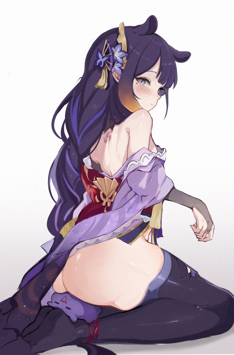 1girls ass back back_tattoo beauty_mark blush braided_hair bubble_butt cosplay crossover fan_mascot_(vtuber) feet feet_in_stockings female genshin_impact hair_ornament hololive hololive_english hololive_myth huge_ass kimono kneeling koahri large_ass light-skinned_female light_skin long_hair loose_clothes mole_under_eye ninomae_ina'nis no_panties outfit_swap petite petite_body purple_hair raiden_shogun_(cosplay) sitting_on_person small_breasts tako_(ninomae_ina'nis) thighhighs virtual_youtuber