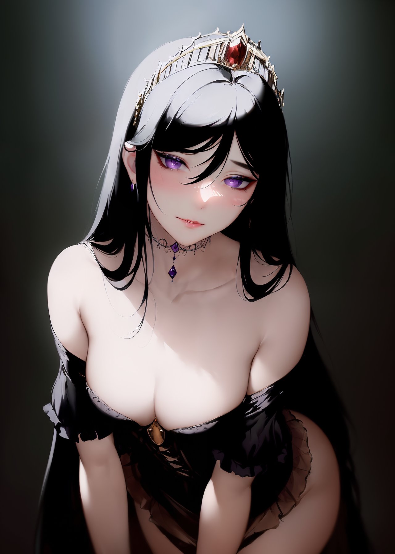 1girls, ai generated, big breasts, black hair, breasts, clothed female, crown, curvaceous, curvy body, curvy female, curvy figure, female, female only, leaning forward, long hair, looking at viewer, nai diffusion, original, solo, stable diffusion, tiara, voluptuous female