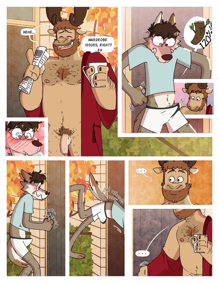 anthro beard beverage body_hair bulge canid canine canis capreoline cervid chest_hair clothing coffee coffee_mug comic erection facial_hair genitals leo_(nardodraws) male male_only mammal moose morning_wood mostly_nude nardodraws newspaper penis robe robe_only tom_(nardodraws) wardrobe_malfunction wolf