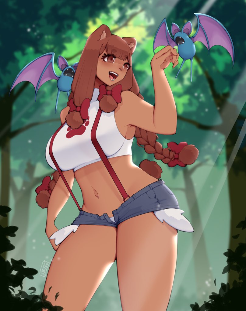 1girls, anthro, bear ears, bear girl, beau (luxurias), blunt bangs, braided ponytail, brown body, brown eyes, brown hair, female, female only, hair ribbon, happy, kasumi (pokemon) (cosplay), long hair, luxurias, minishorts, nintendo, original character, outdoors, pokémon (species), pokemon, pokemon (species), pokemon rgby, short shorts, shorts, smile, solo, suspenders, thick thighs, twin braids, ursine, zubat