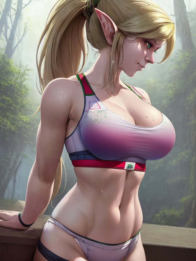 1girls, abs, ai generated, background, big breasts, blonde hair, breasts, bulging breasts, elf, elf ears, female, female only, fit, fit female, green eyes, high resolution, large breasts, looking at viewer, nai diffusion, original, ponytail, solo, stable diffusion, sweat, tree, white skin