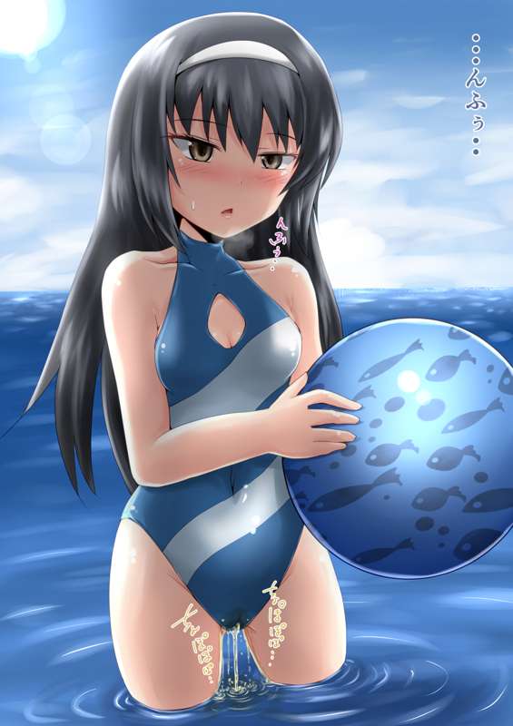 beach_ball blush girls_und_panzer holding_ball homare_(suzu_no_oka) ocean one-piece_swimsuit peeing peeing_in_water peeing_into_water peeing_self peeing_swimsuit peeing_through_clothing reizei_mako standing_in_water swimsuit swimwear urinating urination urine urine_stream water wetting wetting_self