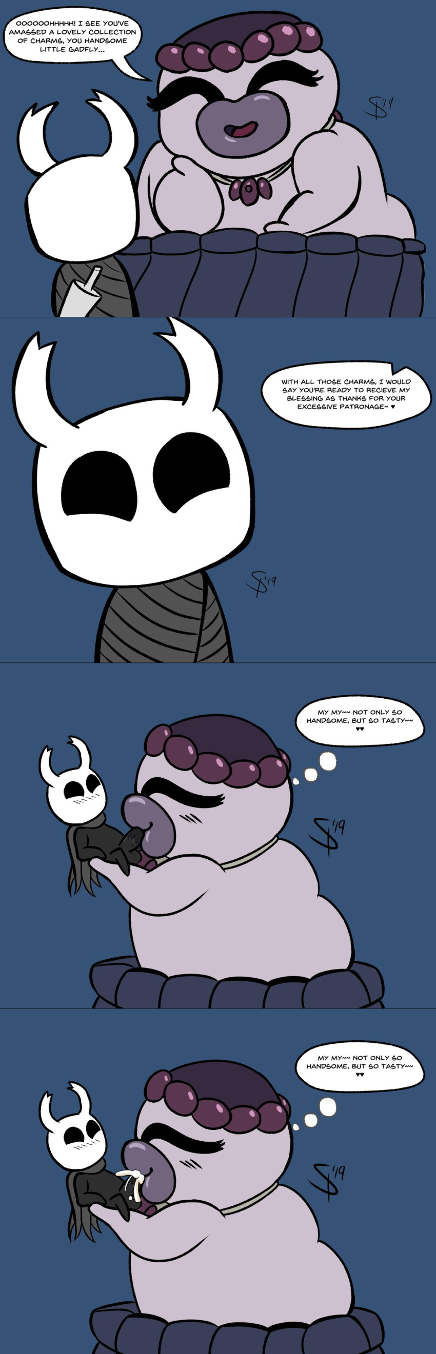 absurd_res arthropod balls blush bodily_fluids comic cum cum_in_mouth cum_inside dialogue duo english_text fellatio female genital_fluids genitals heart hi_res hollow_knight insects jewelry larger_female lips male male/female necklace oral penile penis protagonist_(hollow_knight) salubra sex size_difference squealydealy team_cherry text thick_lips thought_bubble vessel_(species) video_games weapon