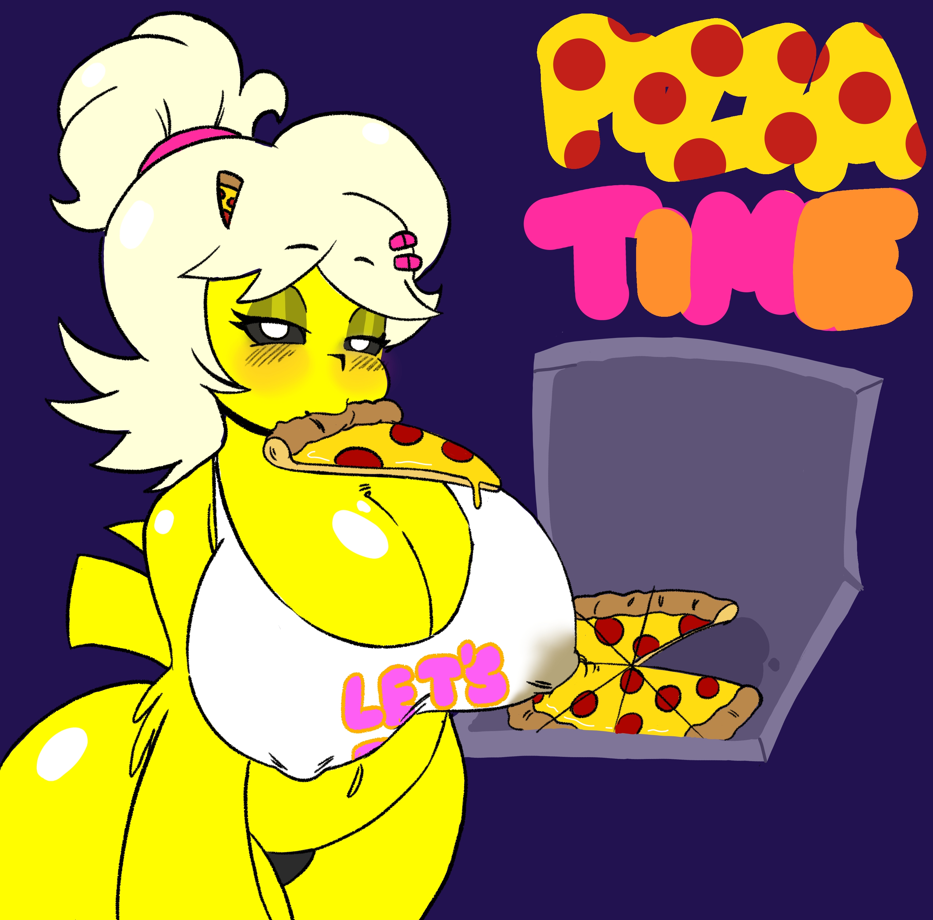 bib, big breasts, blonde hair, blush, breasts, cally3d, chica (cally3d), chica (fnaf), chiku, chiku (cryptia), clazzey, cryptiacurves, cute, eyebrows visible through hair, eyelashes, eyeshadow, fazclaire's nightclub, female, five nights at freddy's, fnaf, fredina's nightclub, hair ornament, huge breasts, pizza, pizza box, pizza slice, ponytail, scottgames, solo, thick, thick thighs, udders, weener72, wide hips, yellow body, yellow feathers, yellow fur, yellow hair, yellow skin