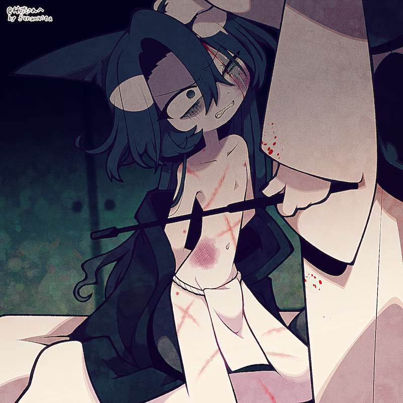 1boy 1girls abuse armpits bed_sheet black_eyes black_hair black_robe blood blood_on_face blood_stain bloody_shirt bruises commission dominant_female domination funamusea funamusea_(artist) navel official_art older_male one_eye_closed orca robe skeb_commission submissive submissive_male takama_(funamusea) teeth white_robe wide_eyed