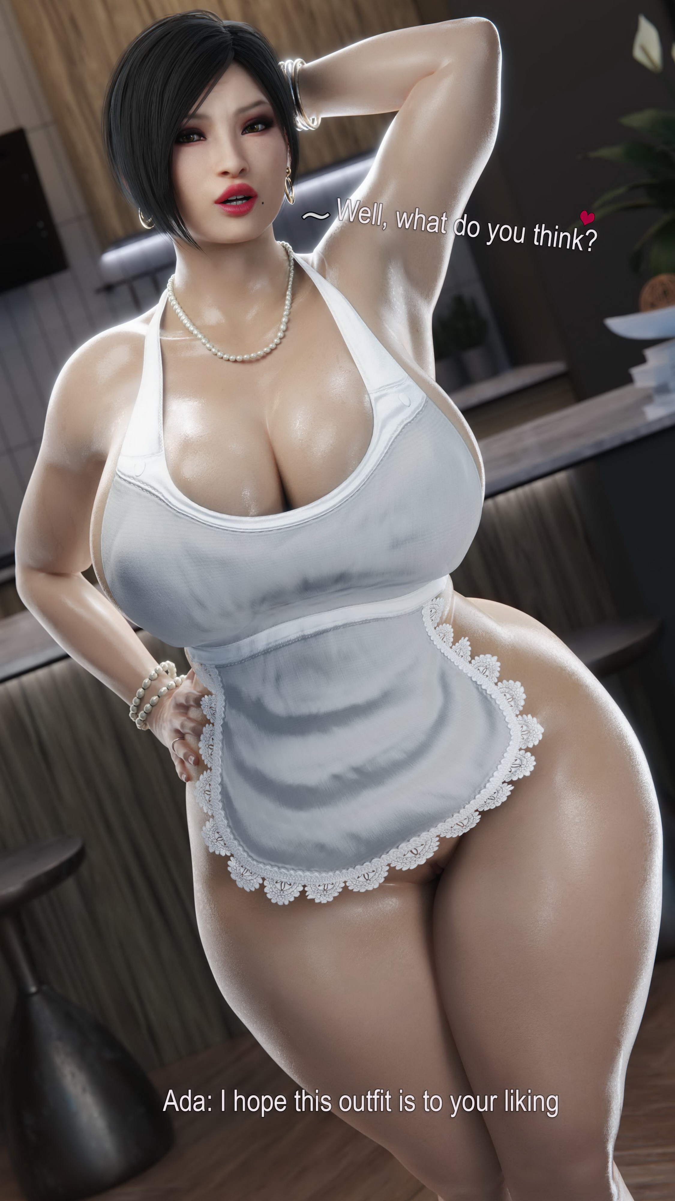 1girls, 3d, ada wong, ada wong (adriana), alternate breast size, alternate version available, apron, apron only, armpit, asian, asian female, ass, big breasts, black hair, breasts, capcom, cheating, curvaceous, curves, curvy body, curvy female, curvy figure, dialogue, earrings, english text, eyelashes, eyeliner, female, female only, hand on hip, heart, highres, huge ass, huge breasts, indoors, large breasts, lipstick, looking at viewer, medium hair, naked apron, no bra, no panties, no underwear, pearl necklace, pervertmuffinmajima, plump, red lipstick, resident evil, resident evil 2, resident evil 2 remake, solo, text, thick ass, thick thighs, video games, wide hips
