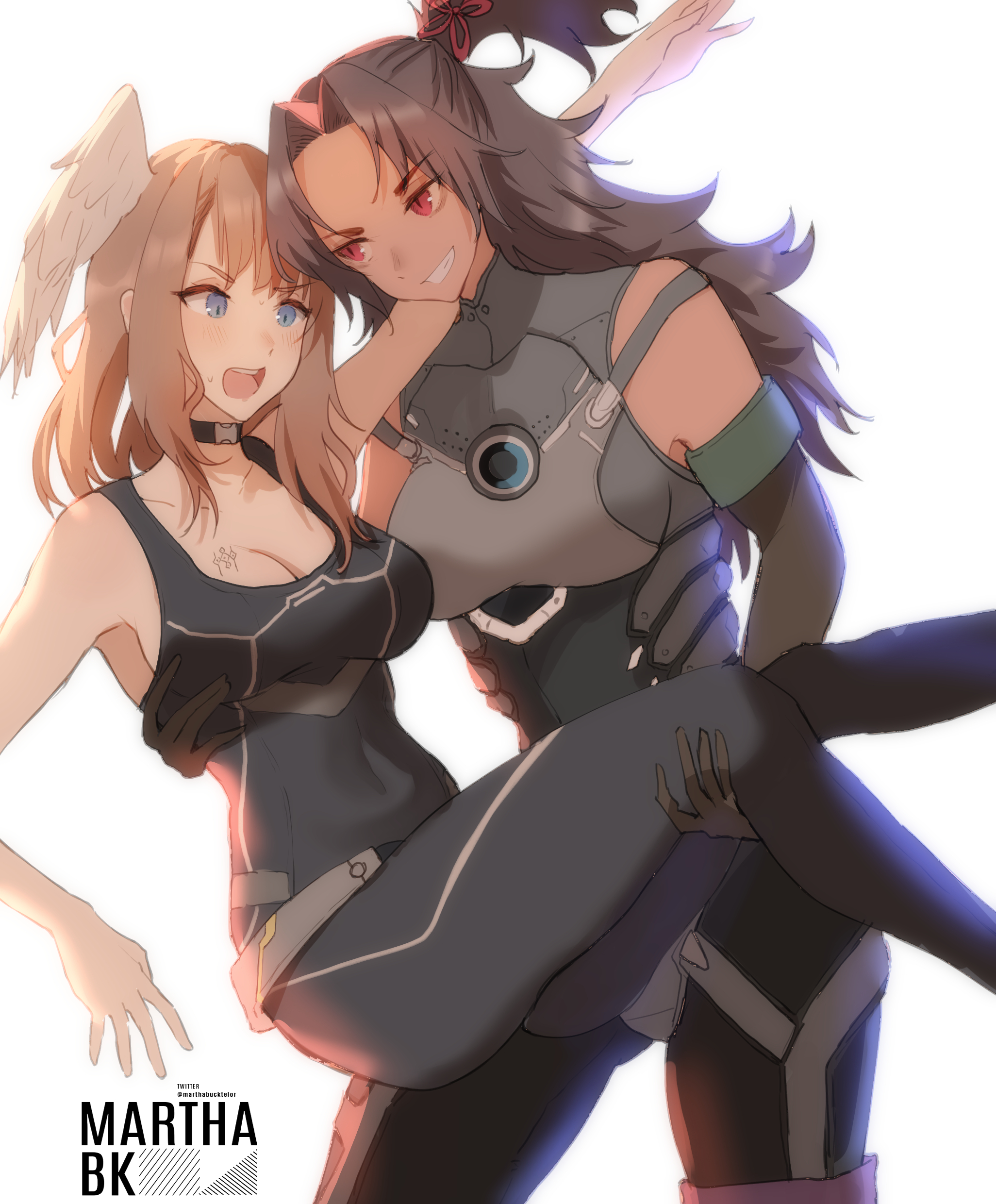 2girls, absurdres, armor, artist name, ashera (xenoblade), bangs, black hair, blue eyes, bodysuit, breast grab, breast tattoo, breasts, brown hair, carrying, choker, cleavage, dark skin, dark-skinned female, eunie (xenoblade), female, grabbing, groping, groping breasts, highres, large breasts, long hair, marthabucks, medium hair, multiple females, multiple girls, nintendo, open clothes, princess carry, red eyes, smile, tattoo, wings, xenoblade (series), xenoblade chronicles 3, yuri