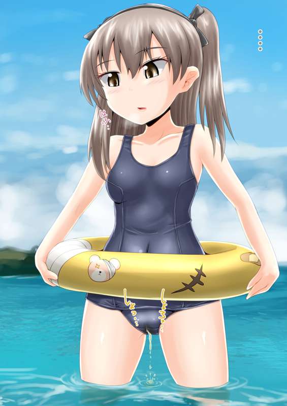 bikini bikini_bottom bikini_top floatie girls_und_panzer homare_(suzu_no_oka) peeing peeing_in_water peeing_into_water peeing_self peeing_through_clothing pink_panties pool_toy shimada_arisu standing_in_water urinating urination urine urine_stream water wetting wetting_self