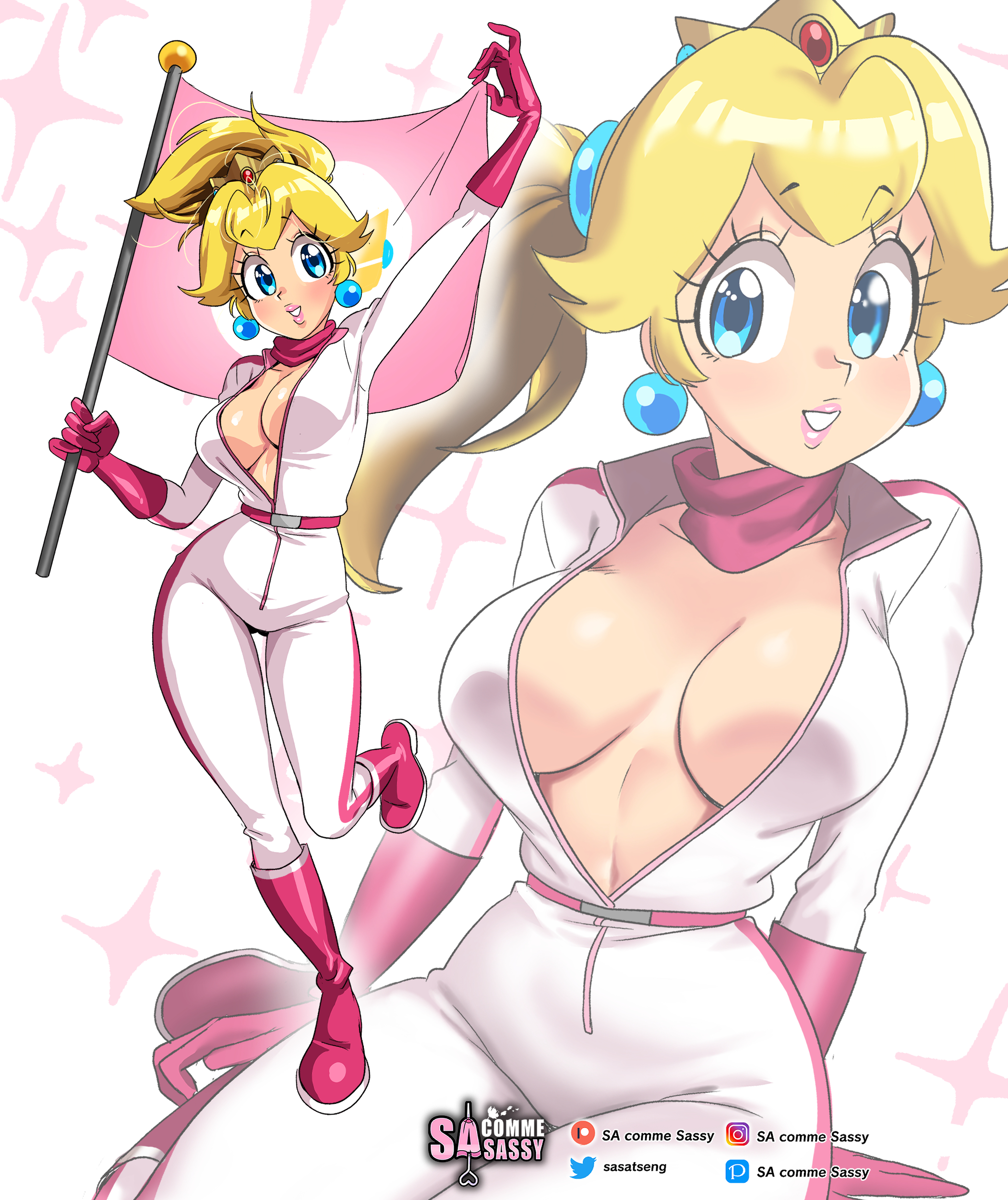 1girls, big breasts, blonde hair, blue eyes, bodysuit, breasts, clothing, female, female only, flag, footwear, full body, handwear, human, inner sideboob, jumpsuit, mario (series), mario kart, multiple views, nintendo, pale skin, ponytail, princess peach, racing suit, sasatseng, solo, unzipped, unzipped bodysuit, wide hips