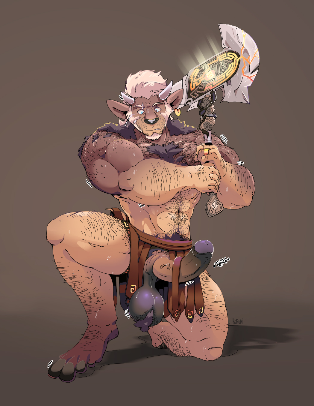 anthro armor axe balls battle_axe bovid bovine digitigrade erection european_mythology genitals greek_mythology hi_res hooves horn human kerun leather leather_armor male male_only mammal melee_weapon minotaur mythology penis pteruges snout solo transformation weapon