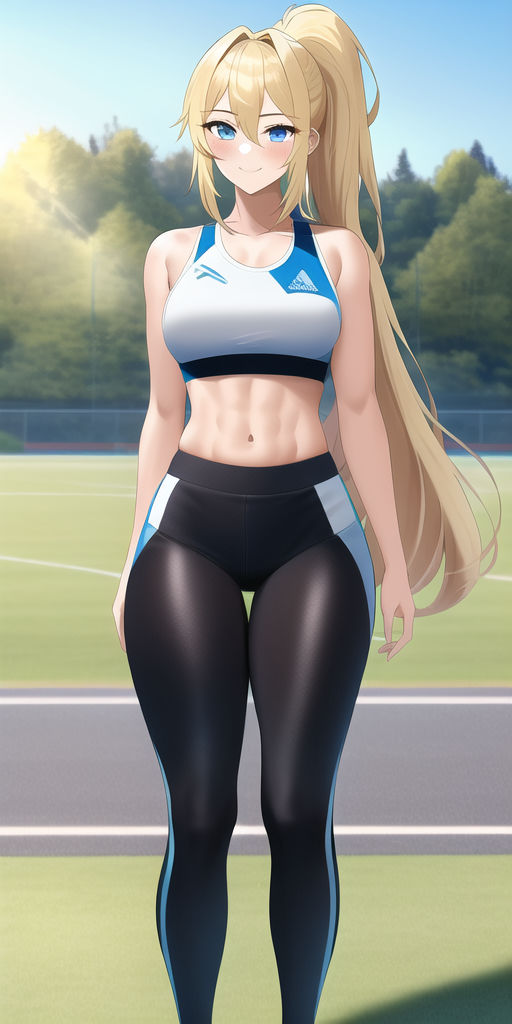 1girls, abs, ai generated, blonde hair, blue eyes, breasts, clothing, female, female only, human, leggings, legs, looking at viewer, midriff, nai diffusion, navel, original, original character, ponytail, smile, solo, sports bra, sportswear, stable diffusion, thick thighs, thighs, tight clothing, toned, toned female, yoga pants