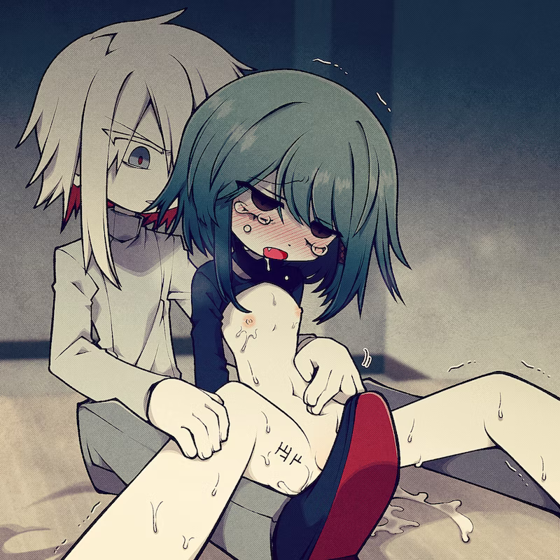 2boys ahe_gao androgynous black_eyes black_sweater blush commission cum drooling flat_chest funamusea funamusea_(artist) green_hair grey_eyes navel nipples open_mouth open_sweater original original_character pants shirt short_hair skeb_commission spread_legs sweat sweater sweating tears tickling white_hair white_shirt yaoi