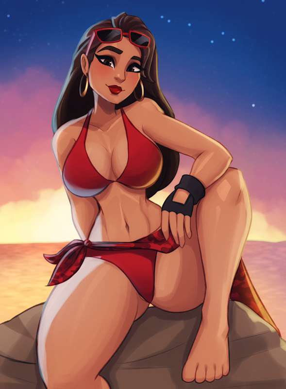 ass, barefoot, beach, big ass, big breasts, bikini, bikini bottom, bikini top, blush, boardwalk ruby (fortnite), breasts, brown eyes, brown hair, epic games, feet, female, fingerless gloves, fortnite, fortnite: battle royale, hoop earrings, long brown hair, long hair, looking at viewer, magaska19, mommy, rock, ruby (fortnite), sitting, skirt, smile, smiling, smiling at viewer, sunglasses on head