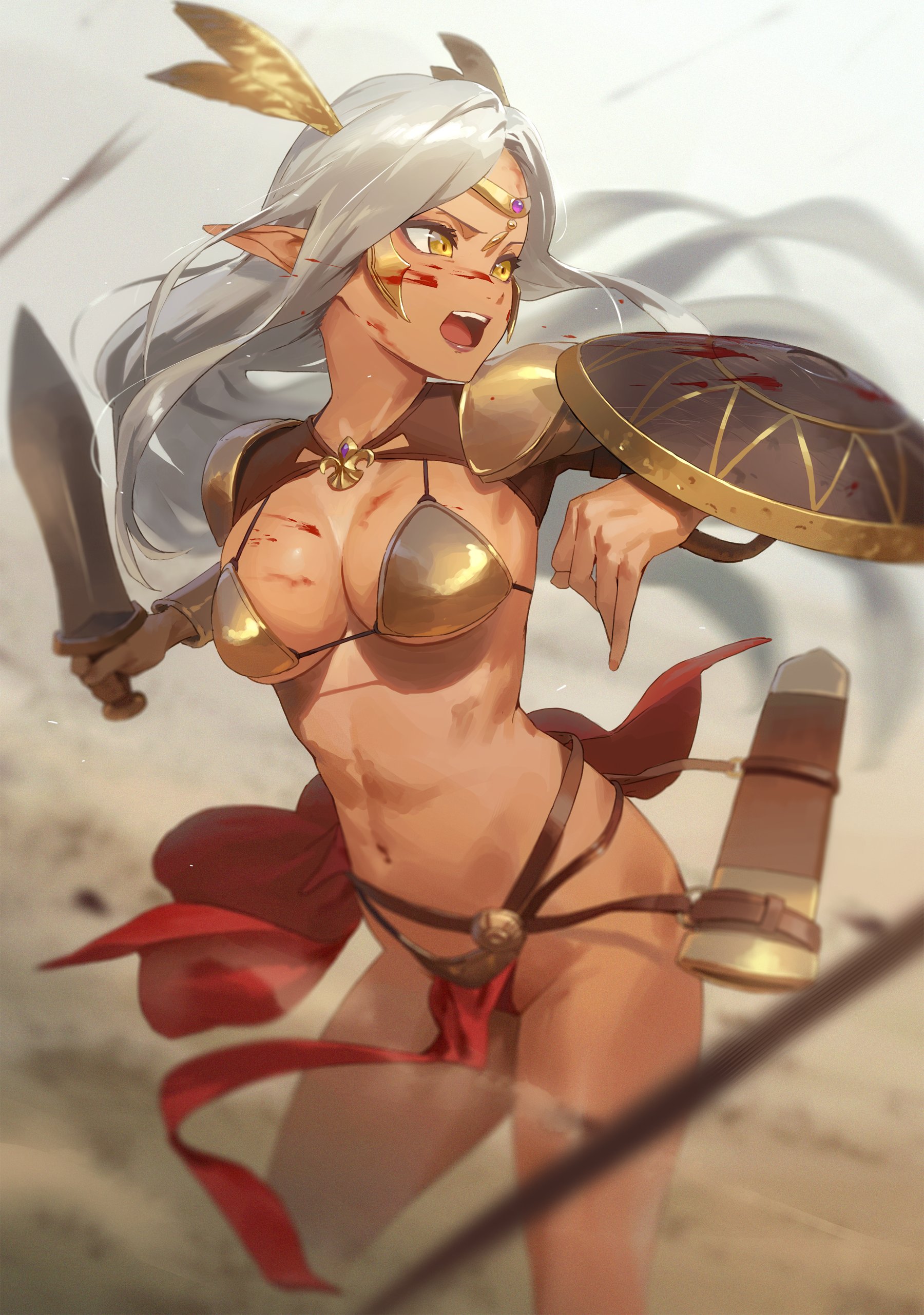 1girls, armor, bikini, bikini armor, blood, breasts, brown skin, circlet, cleavage, dark elf, dark skin, dark-skinned female, elf, fantasy, female, gold (metal), gold jewelry, jewelry, kinta (distortion), loincloth, loincloth aside, medium breasts, midriff, original, outdoors, outside, pelvic curtain, pointy ears, revealing clothes, shield, skimpy, solo, string bikini, swimsuit, sword, thighs, toned, toned female, weapon, white hair, yellow eyes
