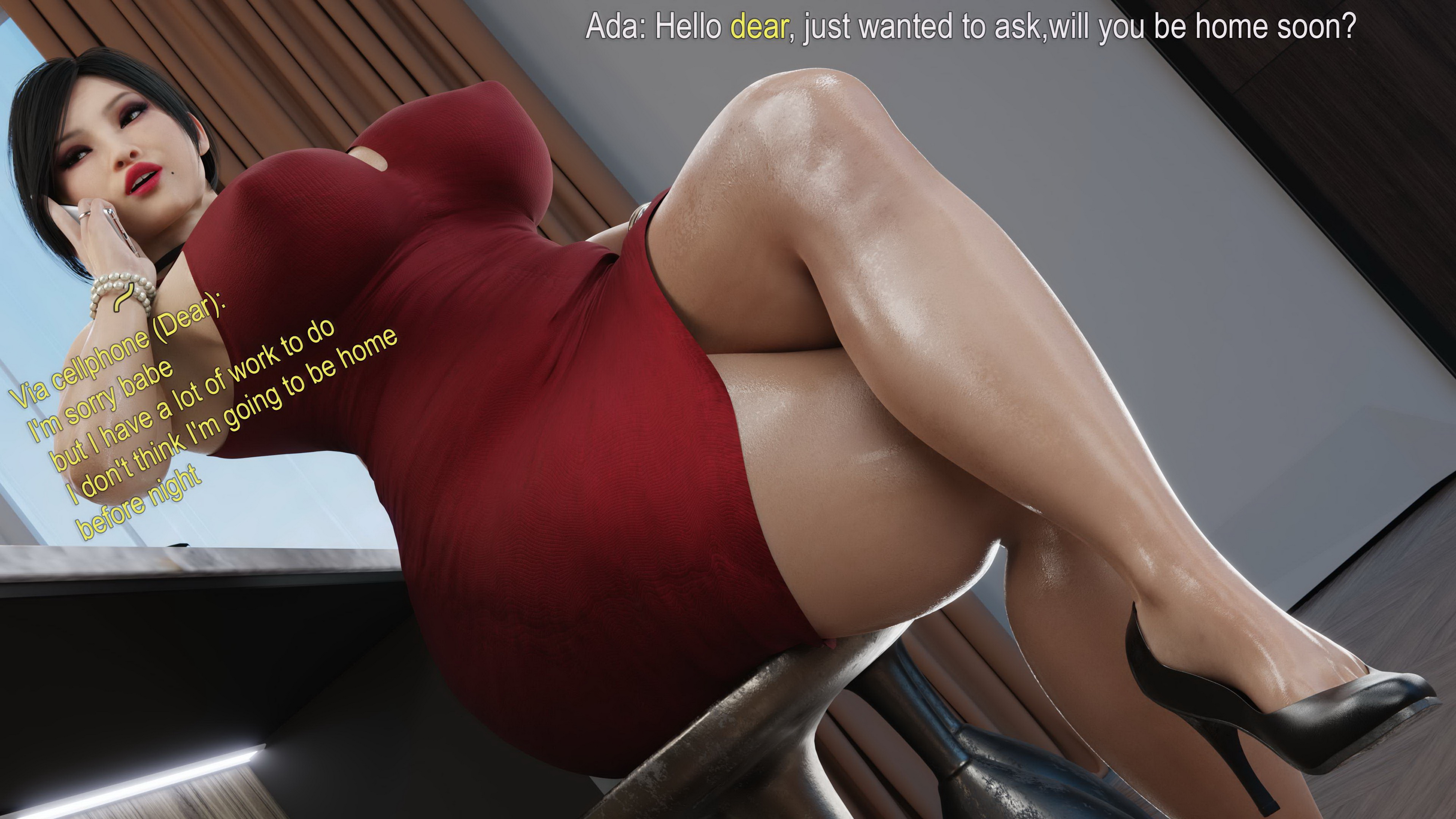 1girls, 3d, ada wong, ada wong (adriana), alternate breast size, alternate version available, asian, asian female, ass, big breasts, black hair, breasts, capcom, cellphone, cheating, choker, clothed, clothed female, curvaceous, curves, curvy body, curvy female, curvy figure, dialogue, dress, english text, eyelashes, eyeliner, female, female only, fully clothed, high heels, highres, huge ass, huge breasts, indoors, large breasts, lipstick, looking down, medium hair, pervertmuffinmajima, plump, red dress, red lipstick, resident evil, resident evil 2, resident evil 2 remake, sitting, solo, solo female, text, thick ass, thick thighs, video games, wide hips