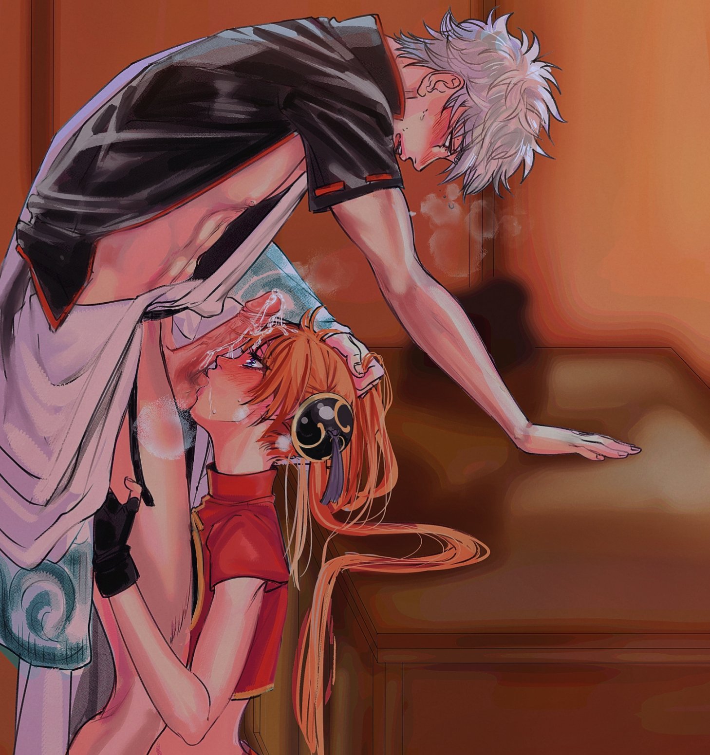 1boy, 1girls, aged up, balls, balls sucking, bent over, blush, bottomless, breath, bun cover, chinese clothes, desk, erection, female, fingerless gloves, gintama, gintoki sakata, hadanugi dousa, hair grab, hair ornament, kagura (gintama), kimono, long hair, looking at penis, looking down, male, meguzm, messy hair, open shirt, oral, orange hair, orange-haired female, penis, precum, precum drip, sweat, twintails, uncensored, white hair, white-haired male