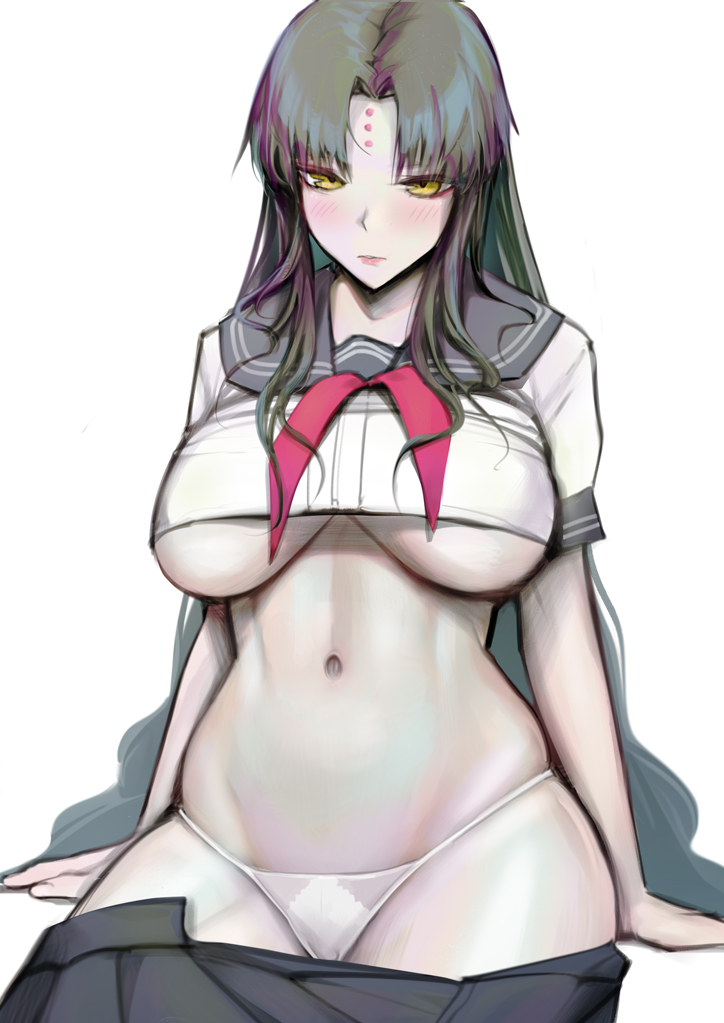1girls, 2022, belly, blush, breasts, embarrassed, fate (series), fate/grand order, female, kohakv, long hair, looking at viewer, navel, panties, school uniform, sesshouin kiara, simple background, sitting, skirt, skirt down, solo, thick thighs, thighs, underboob, underwear, very long hair, white background, white panties, wide hips, yellow eyes