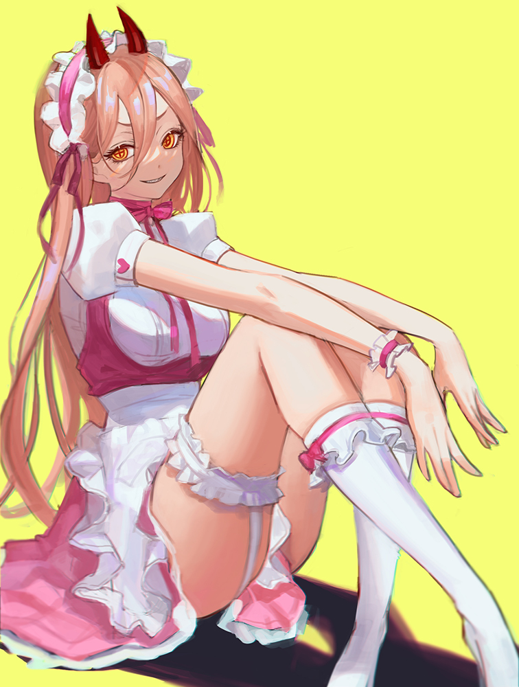 ass, big ass, chainsaw man, demon horns, female, female only, garter, garter straps, light skin, light-skinned female, maid, maid uniform, oto (artist), power (chainsaw man), shounen jump, socks, upskirt