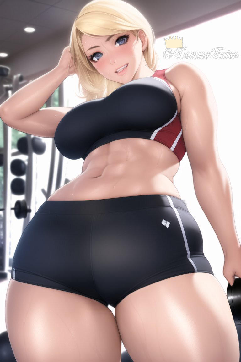 1girls, abs, ai generated, artist self-insert, athletic, athletic female, belly, belly button, big breasts, blonde hair, blue eyes, bra, breasts, busty, clothed, clothed female, clothes, clothing, curvaceous, curvy, curvy body, curvy female, curvy figure, female, female focus, female only, grin, gym, gym shorts, hips, large breasts, light skin, light-skinned female, long hair, looking at viewer, looking down, midriff, nai diffusion, navel, queen dee, queen dee (character), shorts, smile, smiling, smiling at viewer, smirk, smug, solo, solo female, solo focus, sports bra, sportswear, stable diffusion, stomach, sweat, sweaty, toned, toned female, voluptuous, wide hips