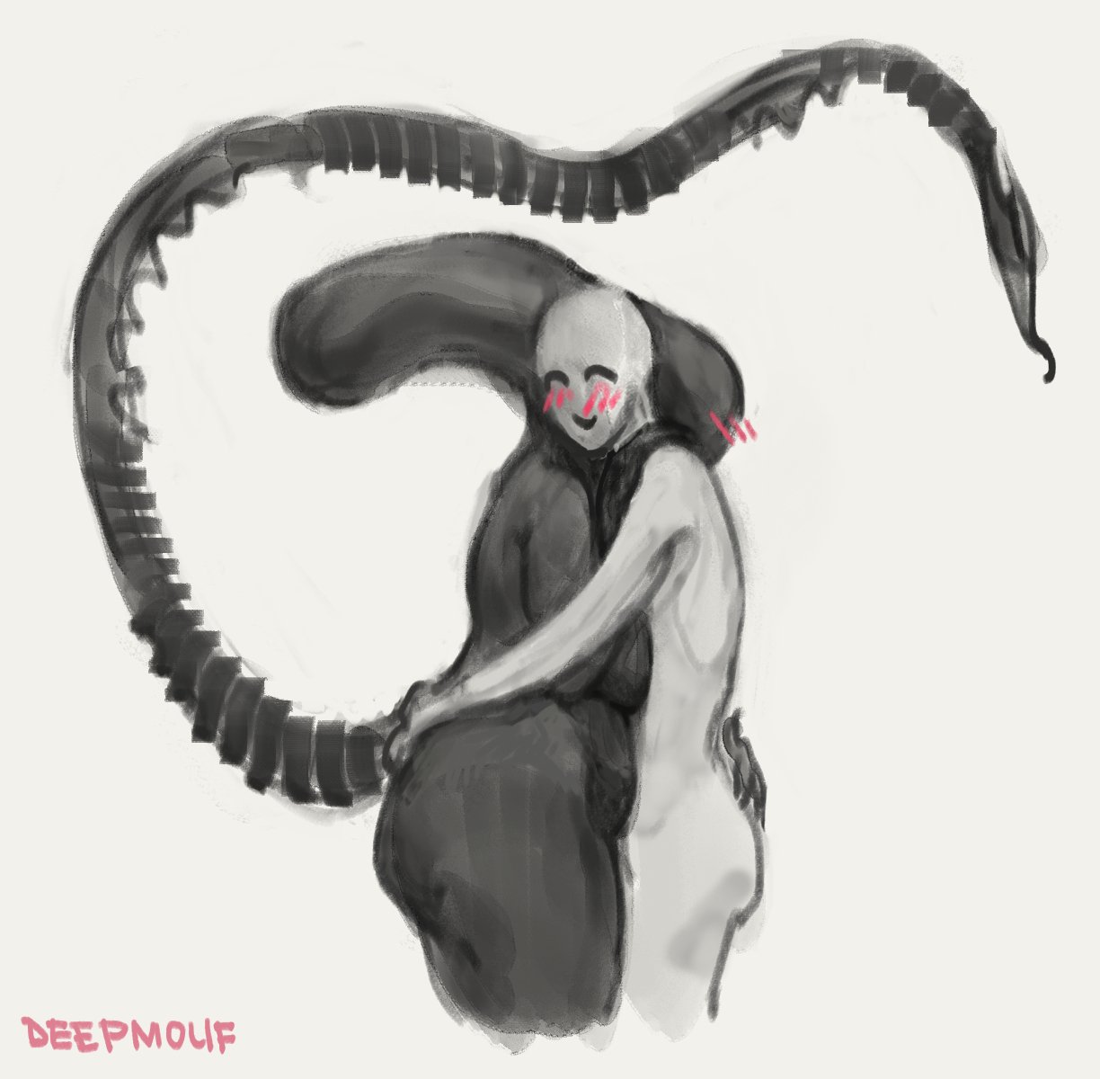 1boy, 1girls, 2d, alien, alien (franchise), alien girl, anon, ass, big ass, big breasts, blush, breast squish, breasts, cute, deepmouf, fat ass, female, female xenomorph, hand on ass, hand on waist, happy, hugging, human, male, non-mammal breasts, tail, thick legs, thick thighs, wholesome, wholesome nudity, xenomorph