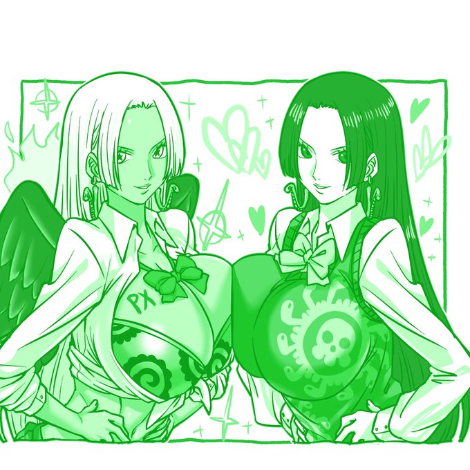 2girls abdomen big_breasts black_hair black_wings boa_hancock bottomwear bra breast_to_breast breasts breasts_press breasts_pressed_together chocolate_and_vanilla dark-skinned_female dark_skin earrings female female_only green_theme heart huge_breasts k_e_n_c_h_i long_hair looking_at_viewer lunarian monochrome one_piece s-snake_(one_piece) seraphim_(one_piece) solo_female star_shaped_pupils symmetrical_docking white_hair wings