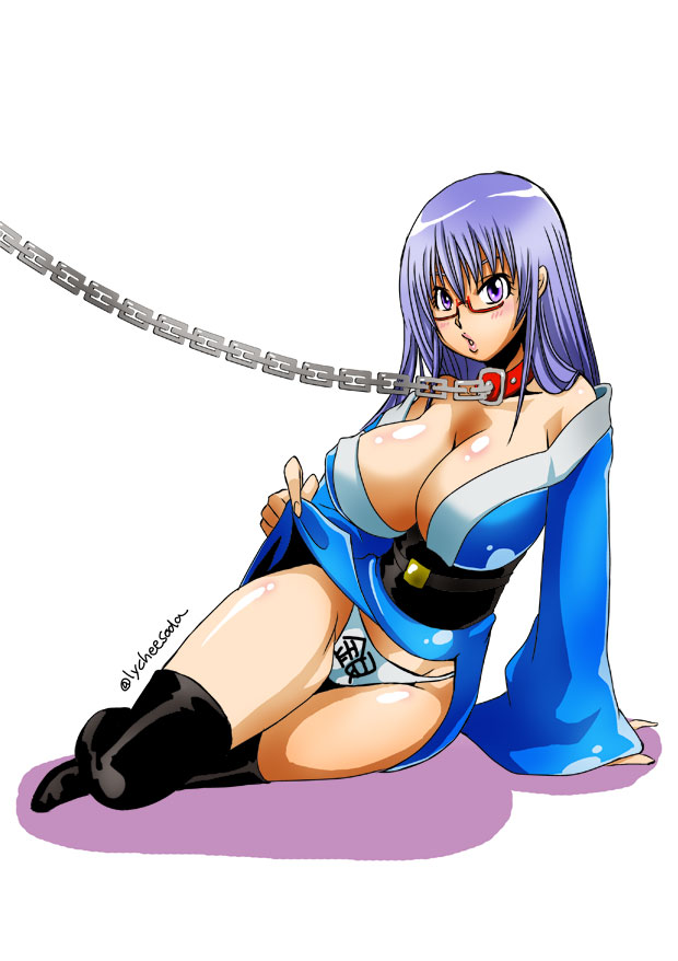 big_breasts black_legwear black_socks blush chain_leash chains cleavage collar dress_lift female female_only full_body gintama glasses huge_breasts japanese_text kimono long_hair looking_at_viewer lychee-soda masochist no_bra obi off_shoulder official_alternate_costume on_side open_kimono panties purple_eyes purple_hair sarutobi_ayame side_slit sitting socks solo thigh_socks thighhighs white_panties wide_hips