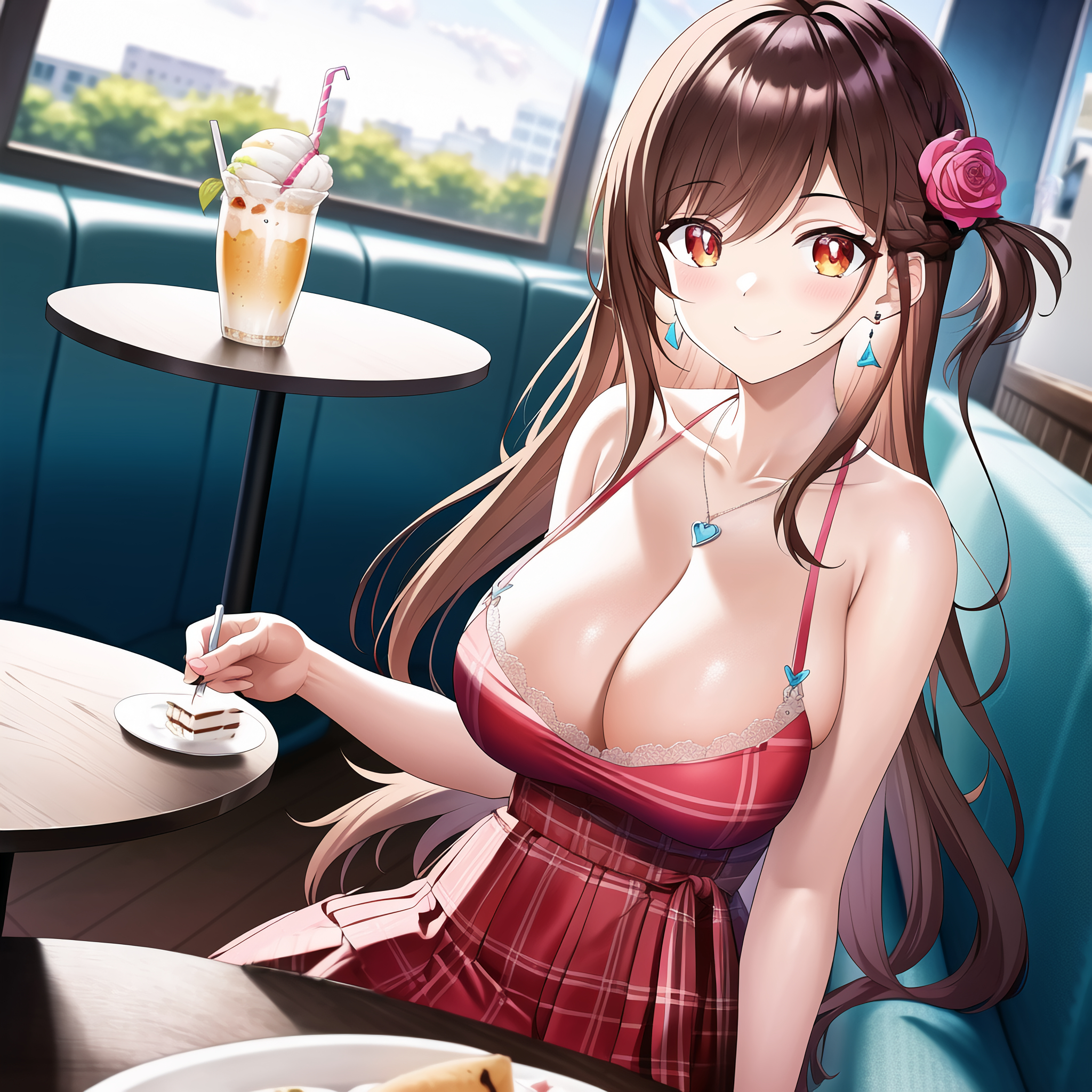 1girls, ai generated, bare shoulders, bing chilling, blush, braid, breasts, brown hair, busty, cafe, cake, cleavage, collarbone, deep cleavage, dress, drink, earrings, female, flower in hair, food, fully clothed, heart necklace, hi res, huge breasts, ice cream, indoors, kanojo okarishimasu, large breasts, light skin, light-skinned female, long hair, looking at viewer, mizuhara chizuru, nai diffusion, necklace, orange eyes, pleated dress, pov, red dress, rose, sitting, smile, solo, stable diffusion, table, window