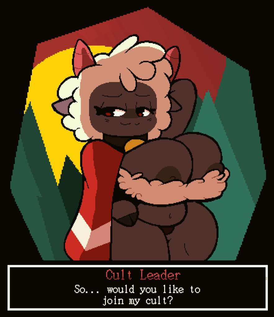 anthro, bell, big breasts, breasts, caprine, casual, clothing, cult of the lamb, dark skin, female, headwear, lamb, lamb (cult of the lamb), neckwear, outerwear, pixel art, sheep, white wool, windreg, wool (fur)