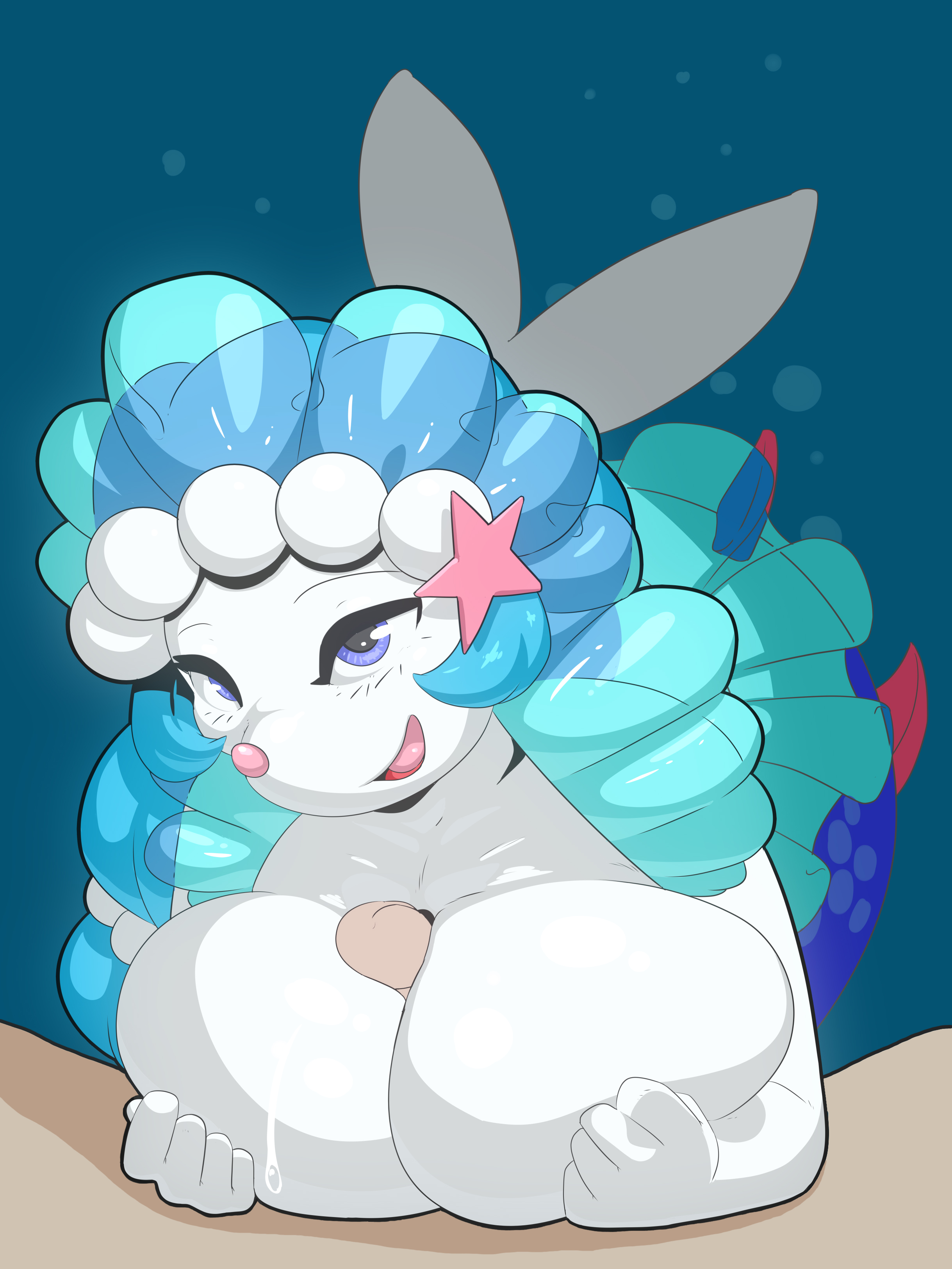 1boy, 1girls, absurd res, anthro, big breasts, blue eyes, blue hair, breasts, female, furry, hi res, huge breasts, human, interspecies, jewelry, juzztie, male, nintendo, open mouth, paizuri, penis, pinniped, pokémon (species), pokemon, pokemon (species), pokemon sm, primarina, solo, star, titfuck, titjob, underwater, video games, water