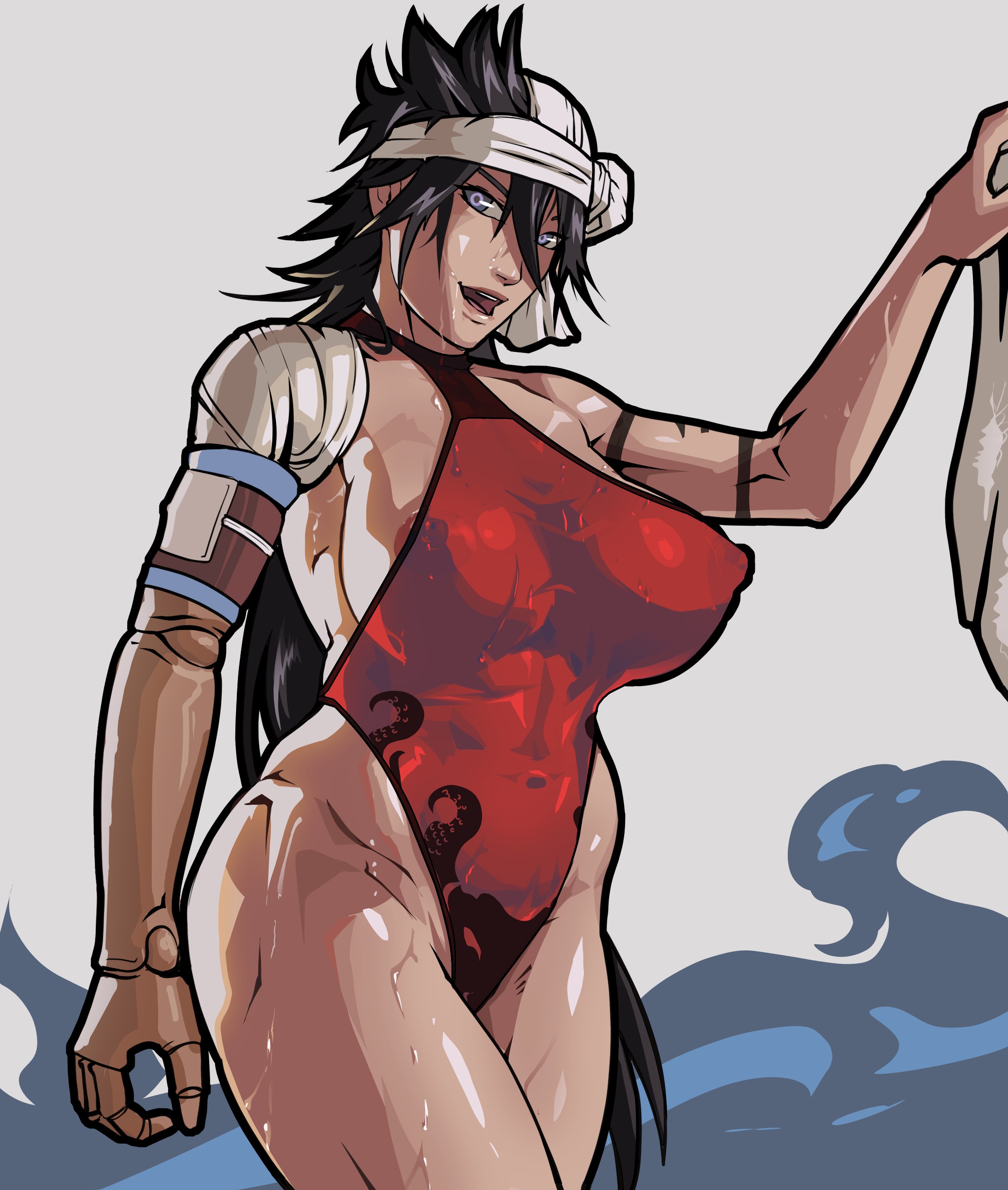 big breasts, black hair, bleach, breasts, busty, equinox006, erect nipples, female, female focus, female only, hourglass figure, kukaku shiba, large breasts, long hair, nipples, pinup, pinup pose, prosthetic arm, standing, wide hips