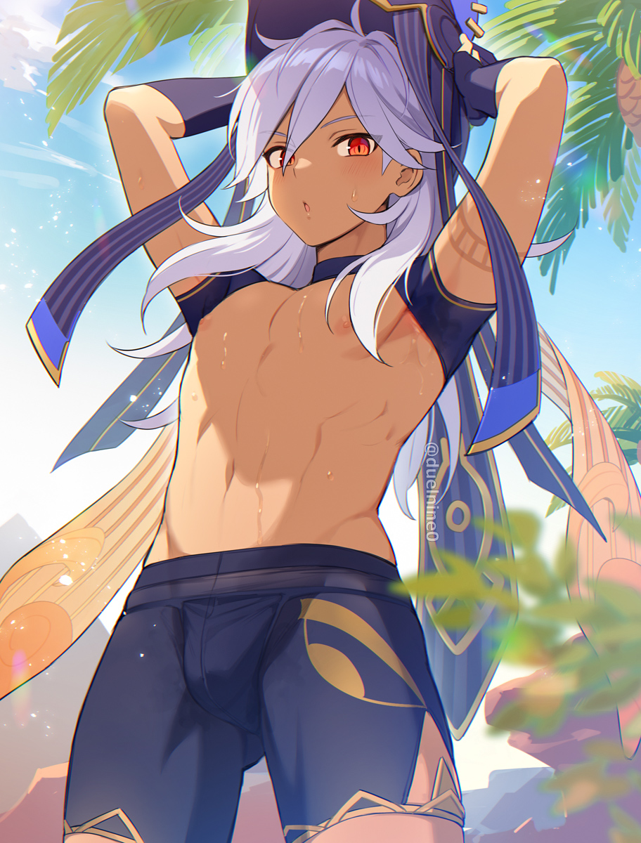 1boy abs arms_up bulge cyno_(genshin_impact) duelnine0 genshin_impact long_hair solo solo_male swimsuit tanned white_hair