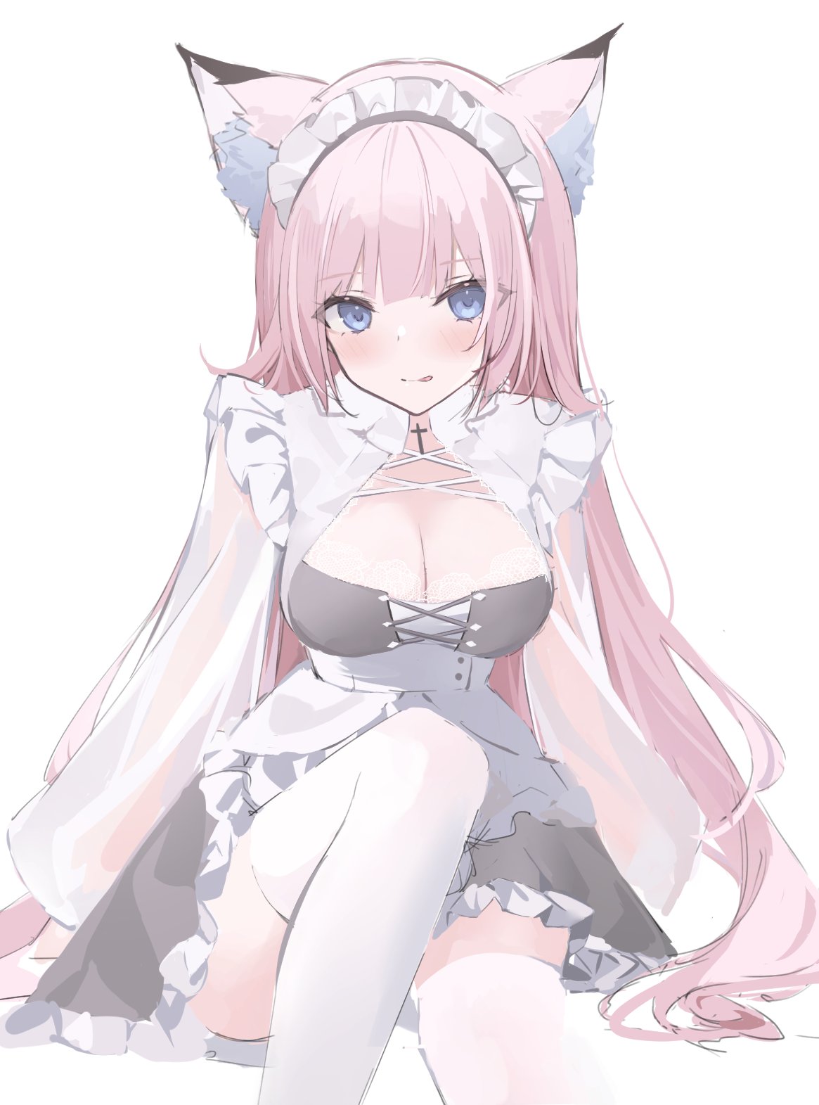 1girls animal_ears apron blue_eyes blush eyebrows_visible_through_hair female female_only fox_ears fox_girl headdress indie_virtual_youtuber licking_lips light-skinned_female light_skin looking_at_viewer maid maid_headdress pink_hair rum_001 shee_kiyomi simple_background socks solo thigh_socks thighhighs virtual_youtuber white_background white_socks