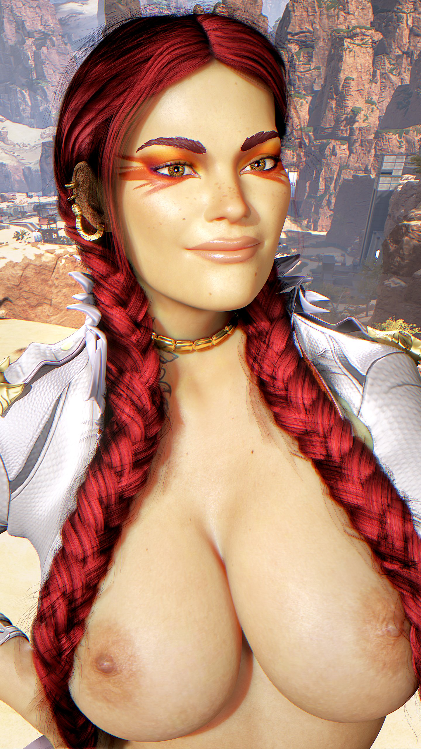 1girls, 3d, apex legends, big breasts, braided hair, breadcrumb, breasts, choker, exposed breasts, female, latina, loba (apex legends), red hair, respawn entertainment, selfie, tattoo, white skin