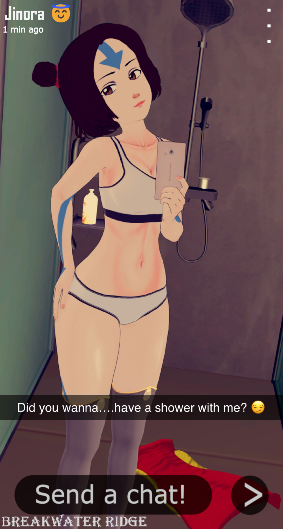 1girls air_nomad airbender_tattoo artist_name avatar_legends bra breakwater_ridge english_text female jinora panties selfie small_breasts snapchat tattoo text the_legend_of_korra