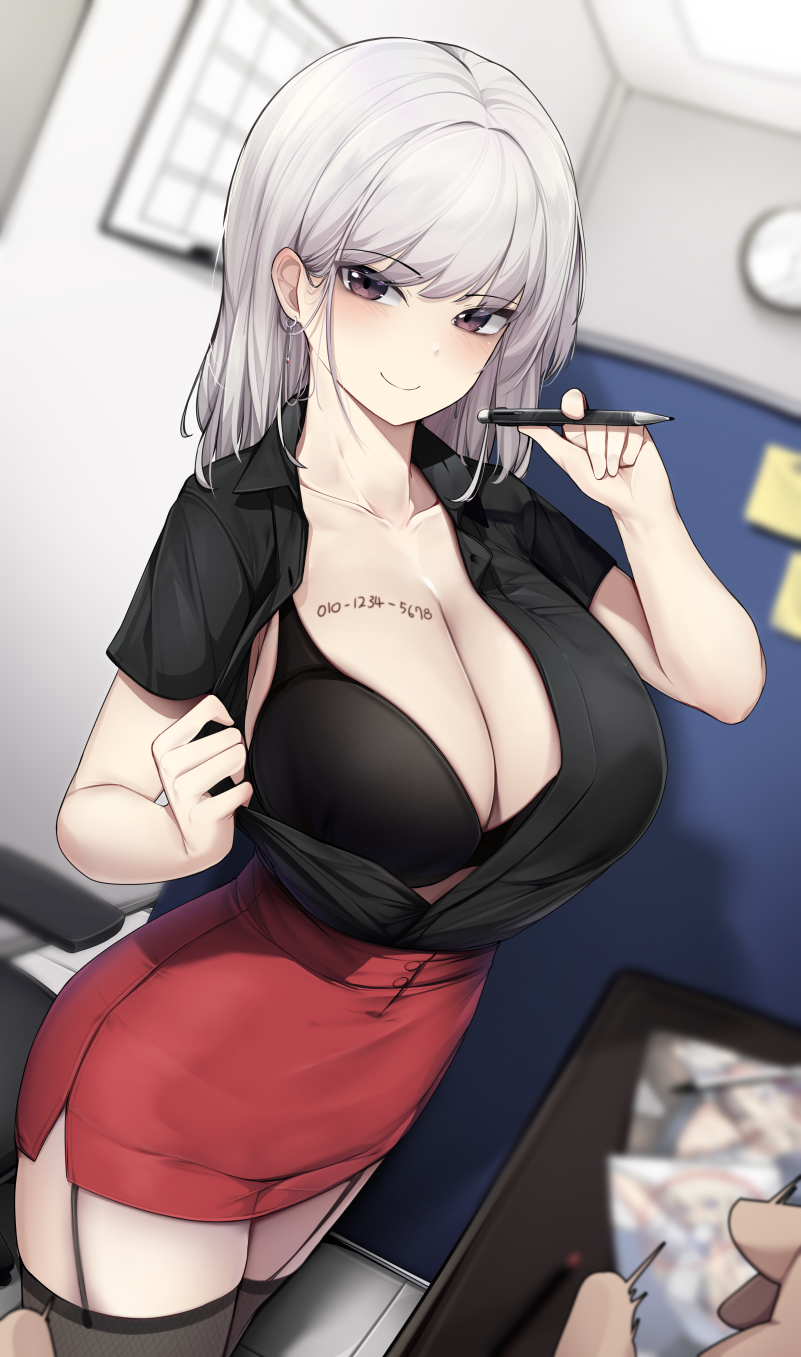 1girls black_bra blush brown_eyes cleavage ddangbi fully_clothed garter_straps holding_pen office_lady offscreen_character original original_character pencil_skirt phone_number pulling_shirt smile smiling white_hair