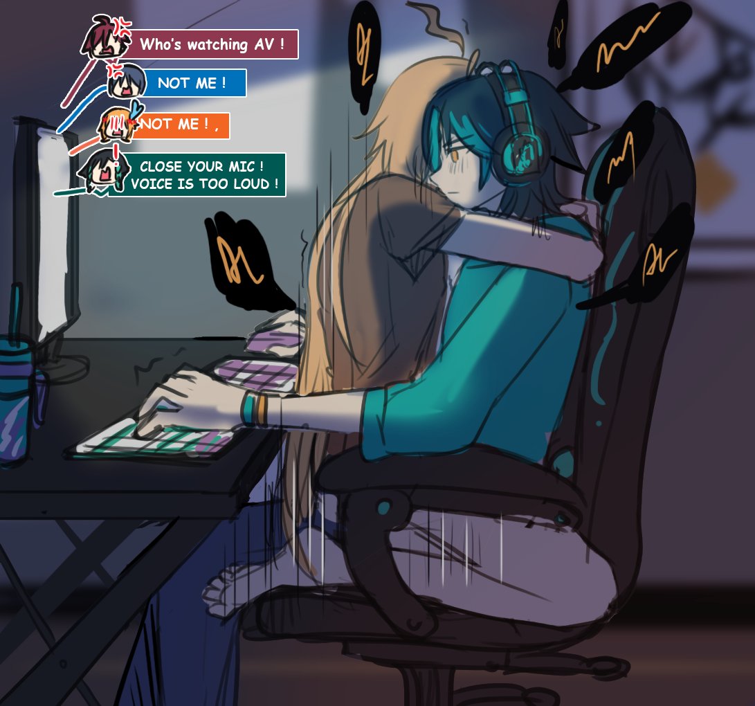 aether (genshin impact), angry, carroto6000, chair sex, chat, dialogue, english text, forced to listen, gamer, gamer boy, gamer chair, gaming, gaming chair, gaming while penetrating, gay, gay sex, genshin impact, kaveh (genshin impact), listening to sex, male, male focus, male only, multiple boys, overhearing sex, playing videogame, scaramouche (genshin impact), sex on chair, shikanoin heizou, venti (genshin impact), voyeurism, xiao (genshin impact), yaoi