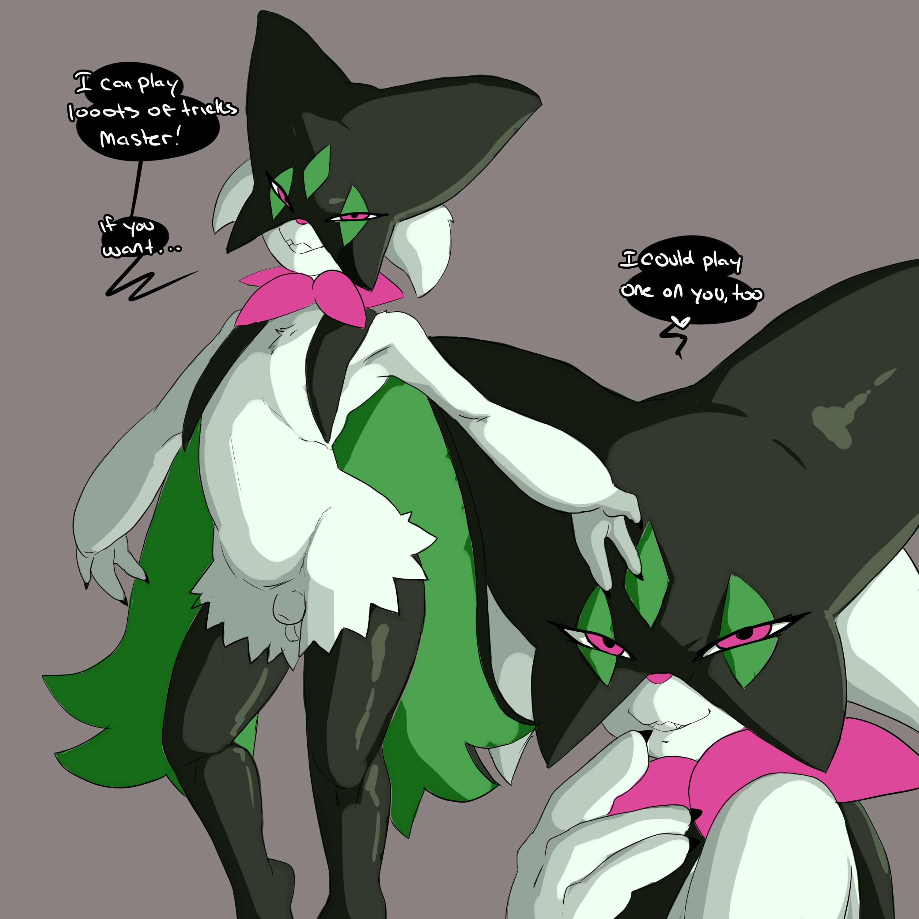 1boy, ass, balls, dialogue, evolution, feline, femboy, furry, girly, inuyuru, male, meowscarada, nintendo, pokemon, pokemon sv, text, trap, yaoi